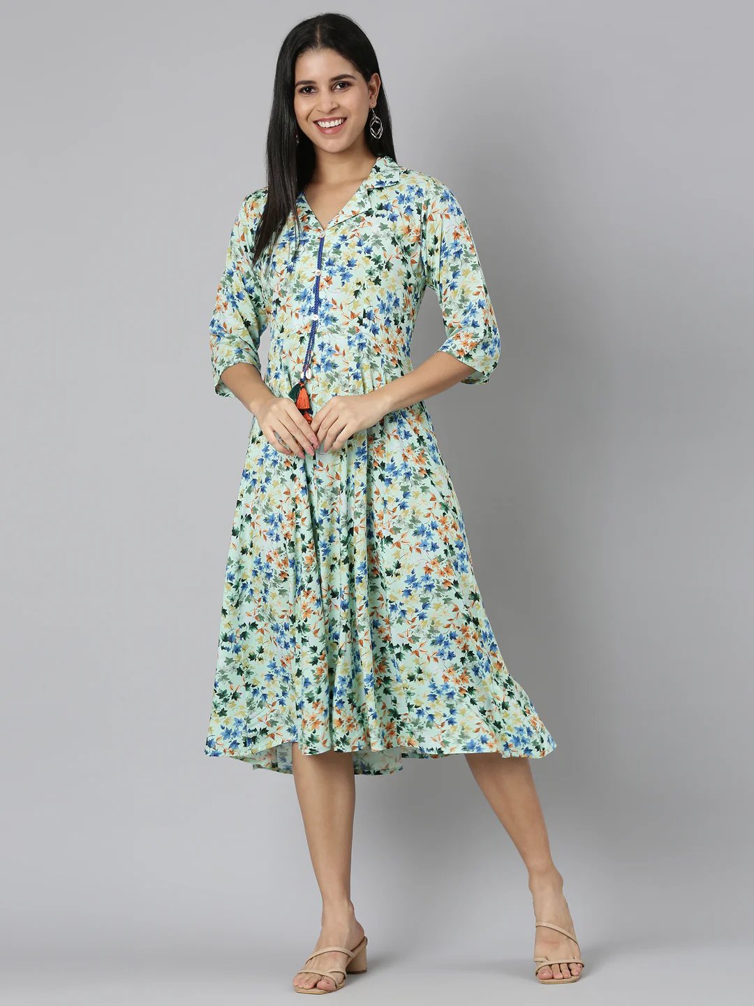 Neerus Green Flared Casual Floral Fit and Flare Dresses - Image 5