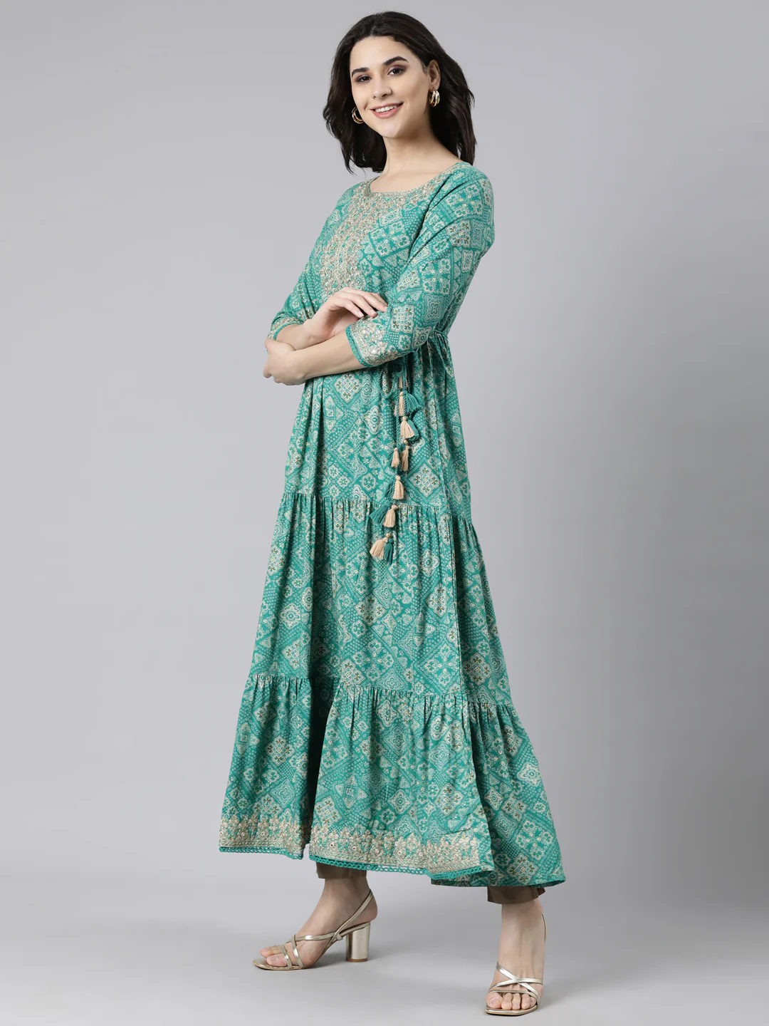 Neerus Green Flared Casual Floral Fit and Flare Dresses - Image 2