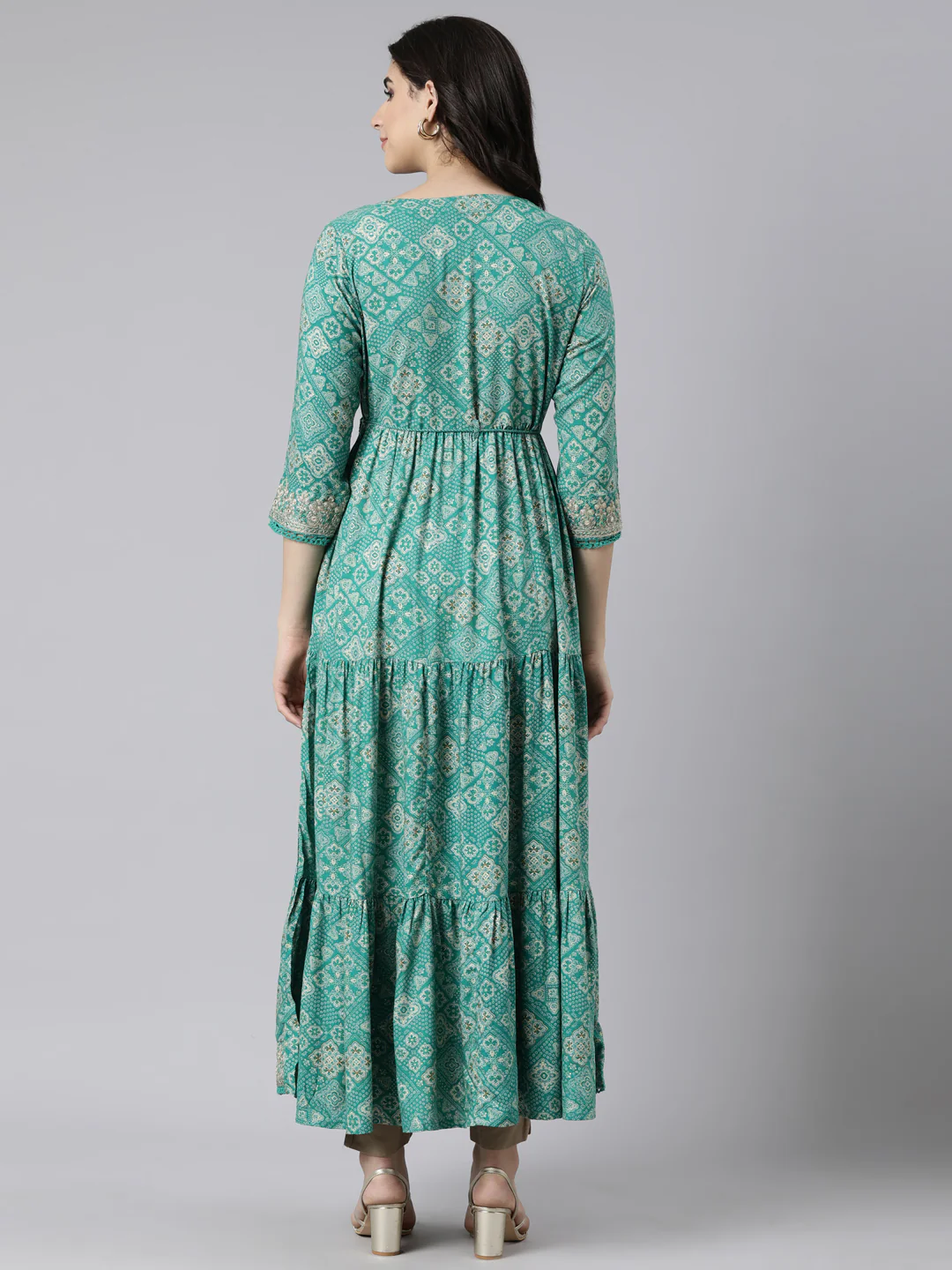 Neerus Green Flared Casual Floral Fit and Flare Dresses - Image 3