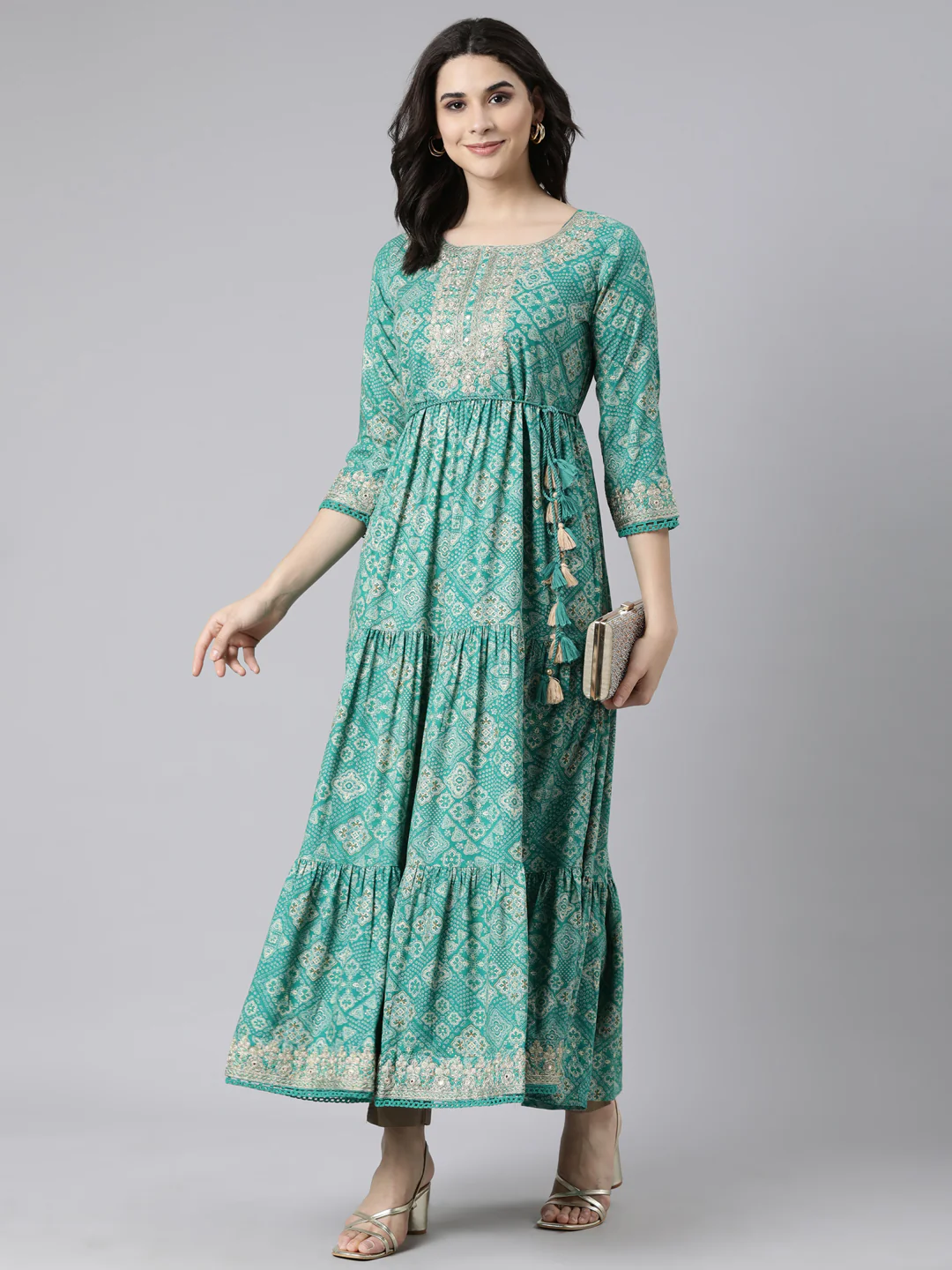 Neerus Green Flared Casual Floral Fit and Flare Dresses - Image 5