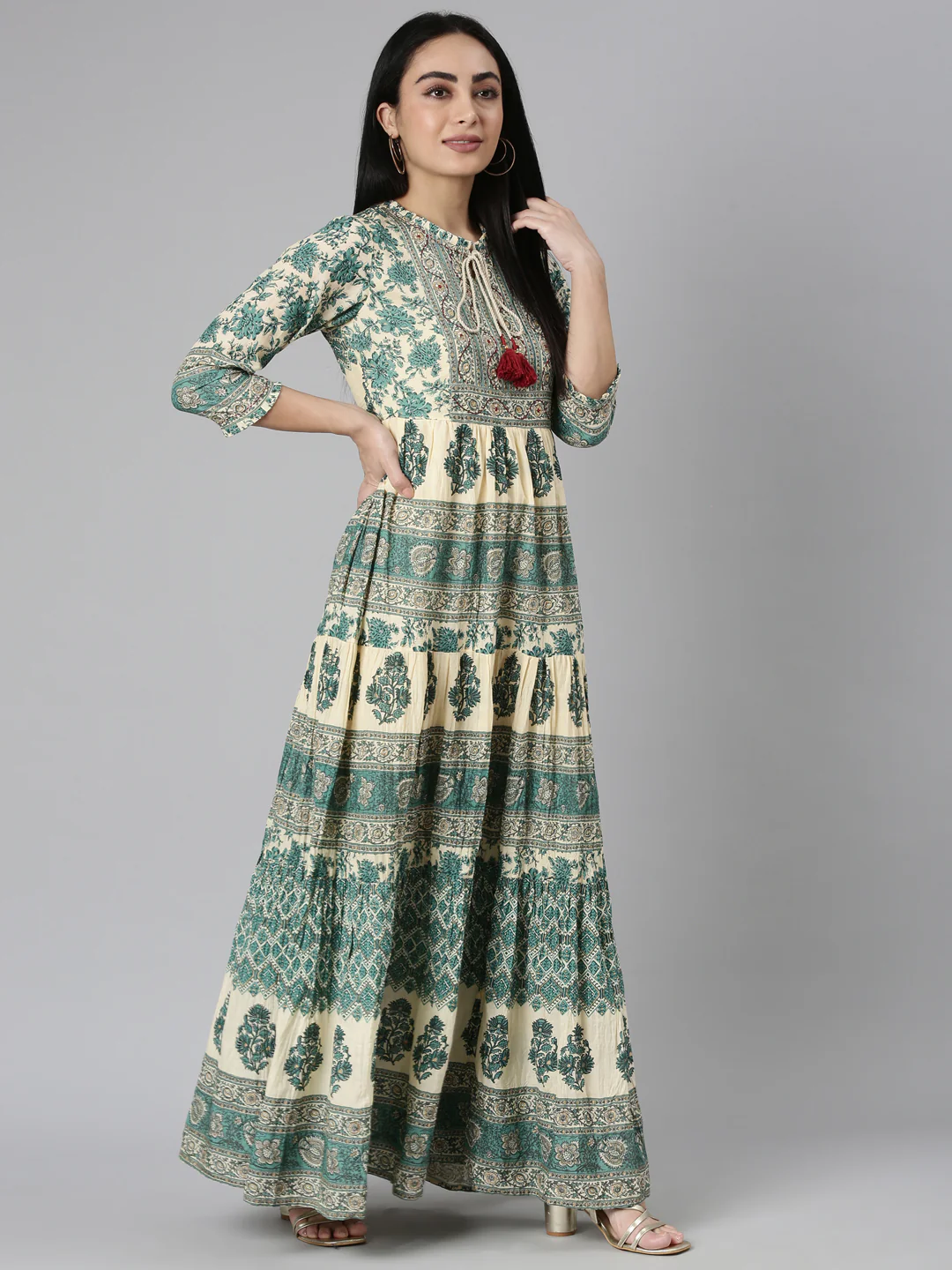 Neerus Green Flared Casual Floral Maxi Dresses - Image 5