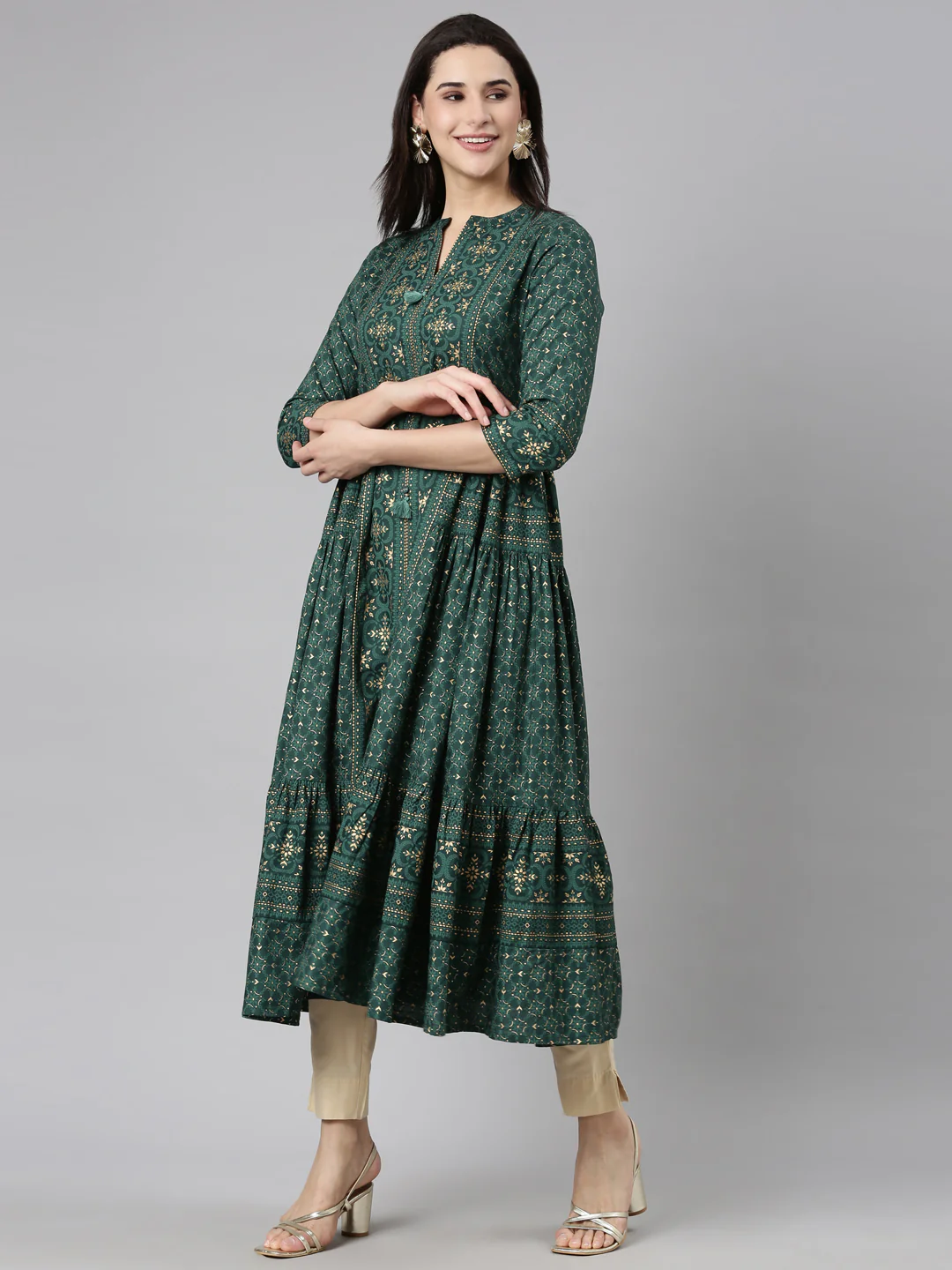 Neerus Green Flared Casual Floral Maxi Dresses - Image 2