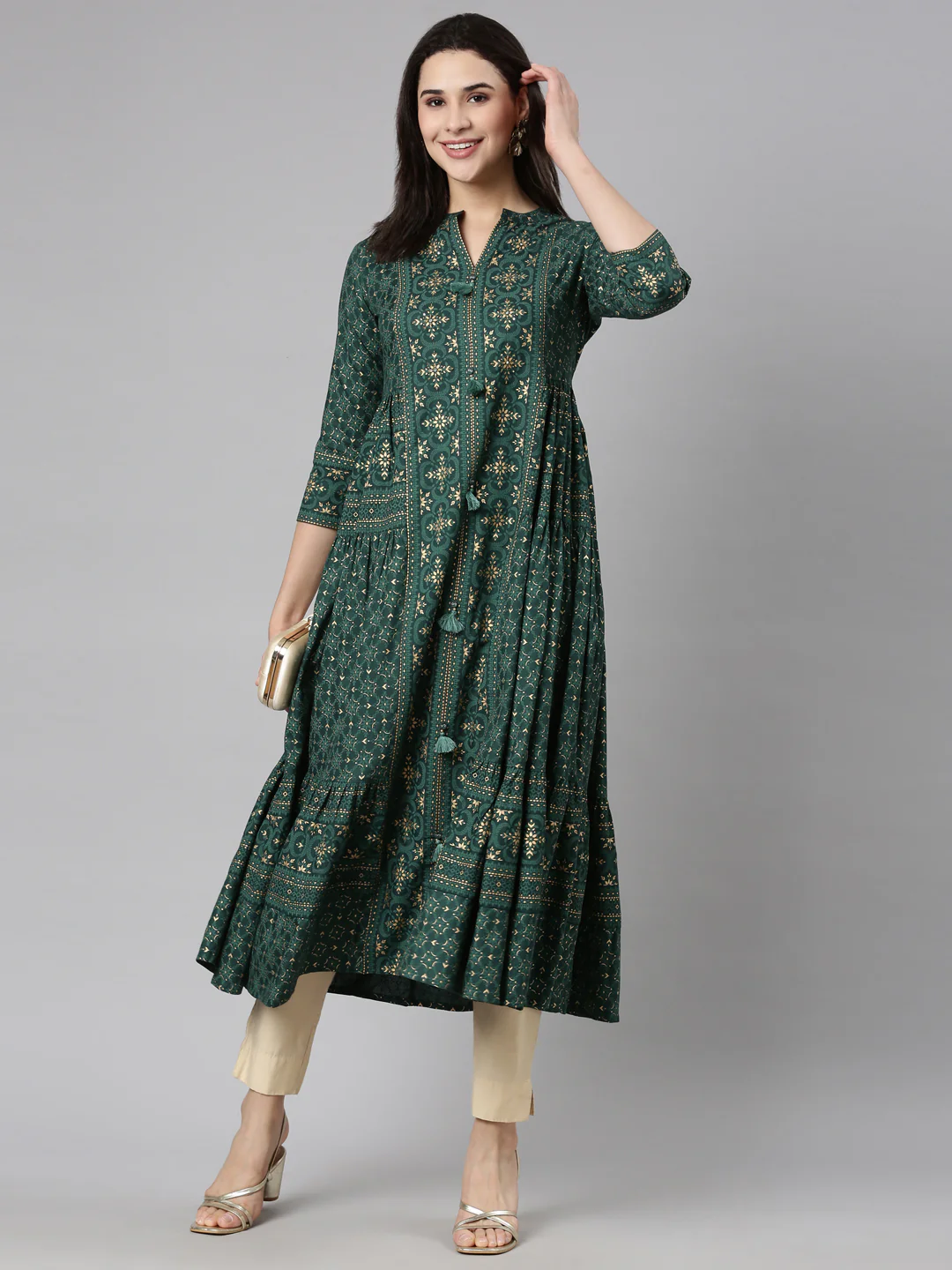 Neerus Green Flared Casual Floral Maxi Dresses - Image 5