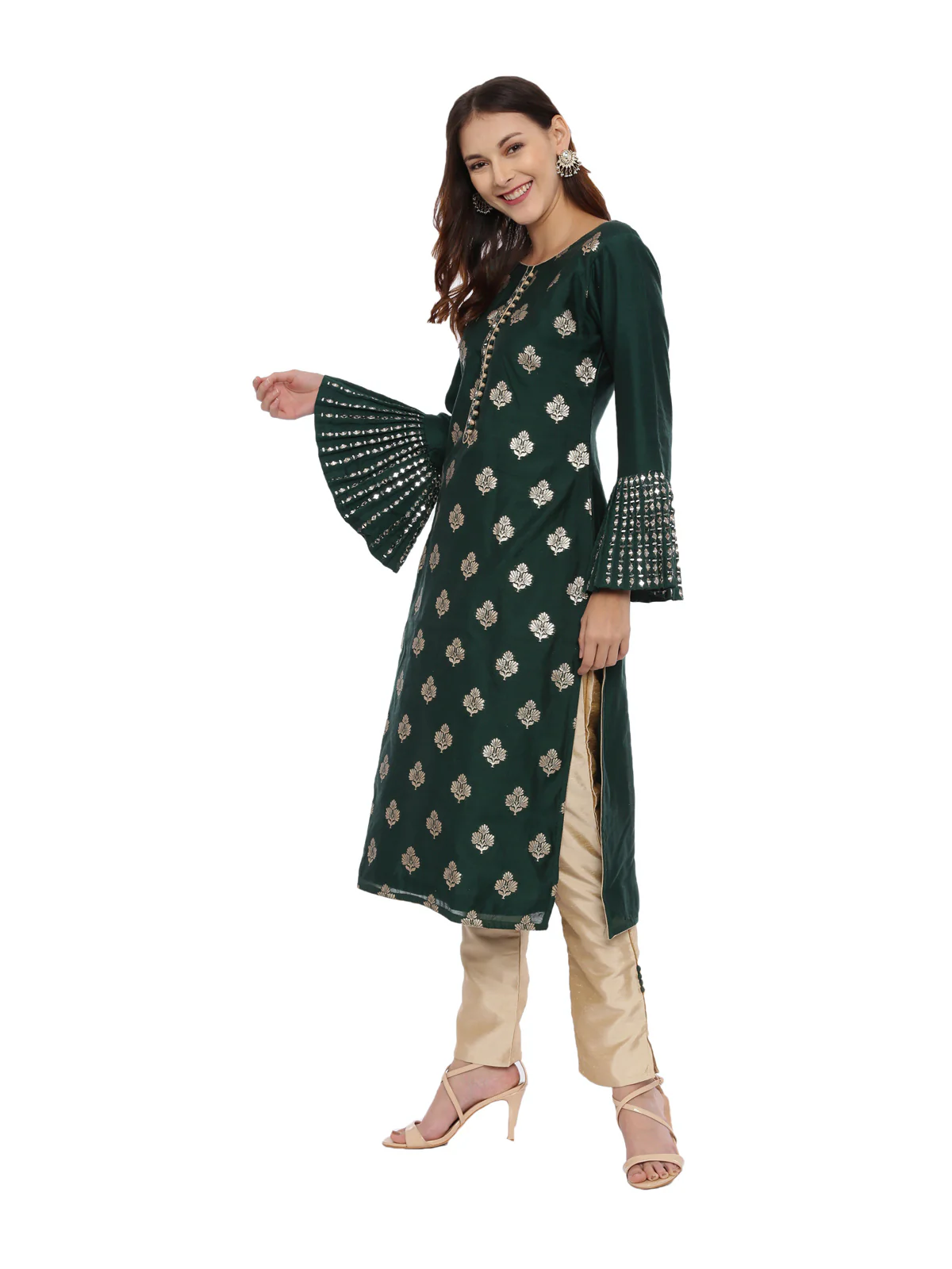 Neerus Green & Gold Textured Kurta With Pant & Dupatta - Image 5