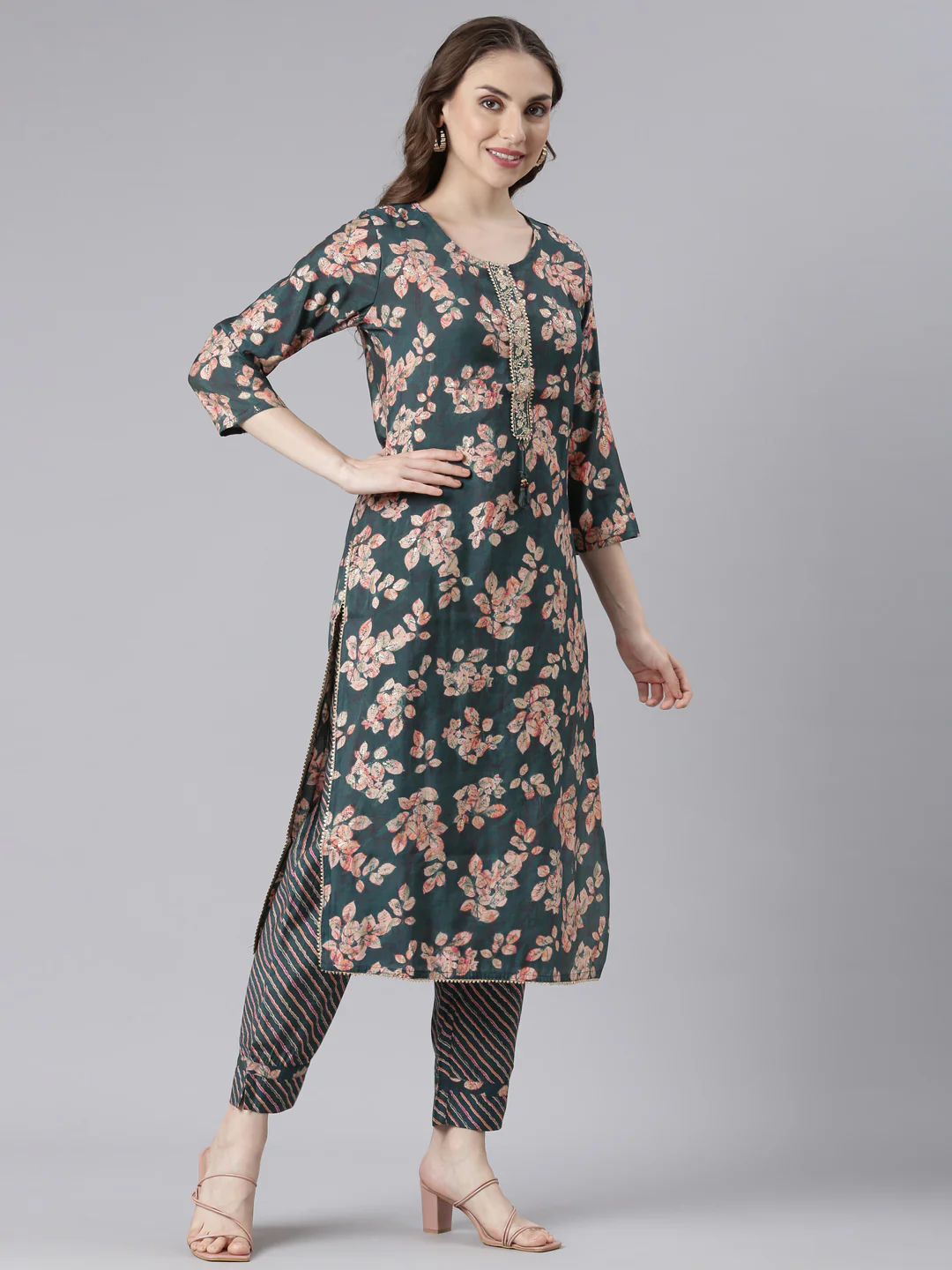 Neerus Green Model Straight Casual Ethnic Motifs Kurta and Trouser with Dupatta - Image 3