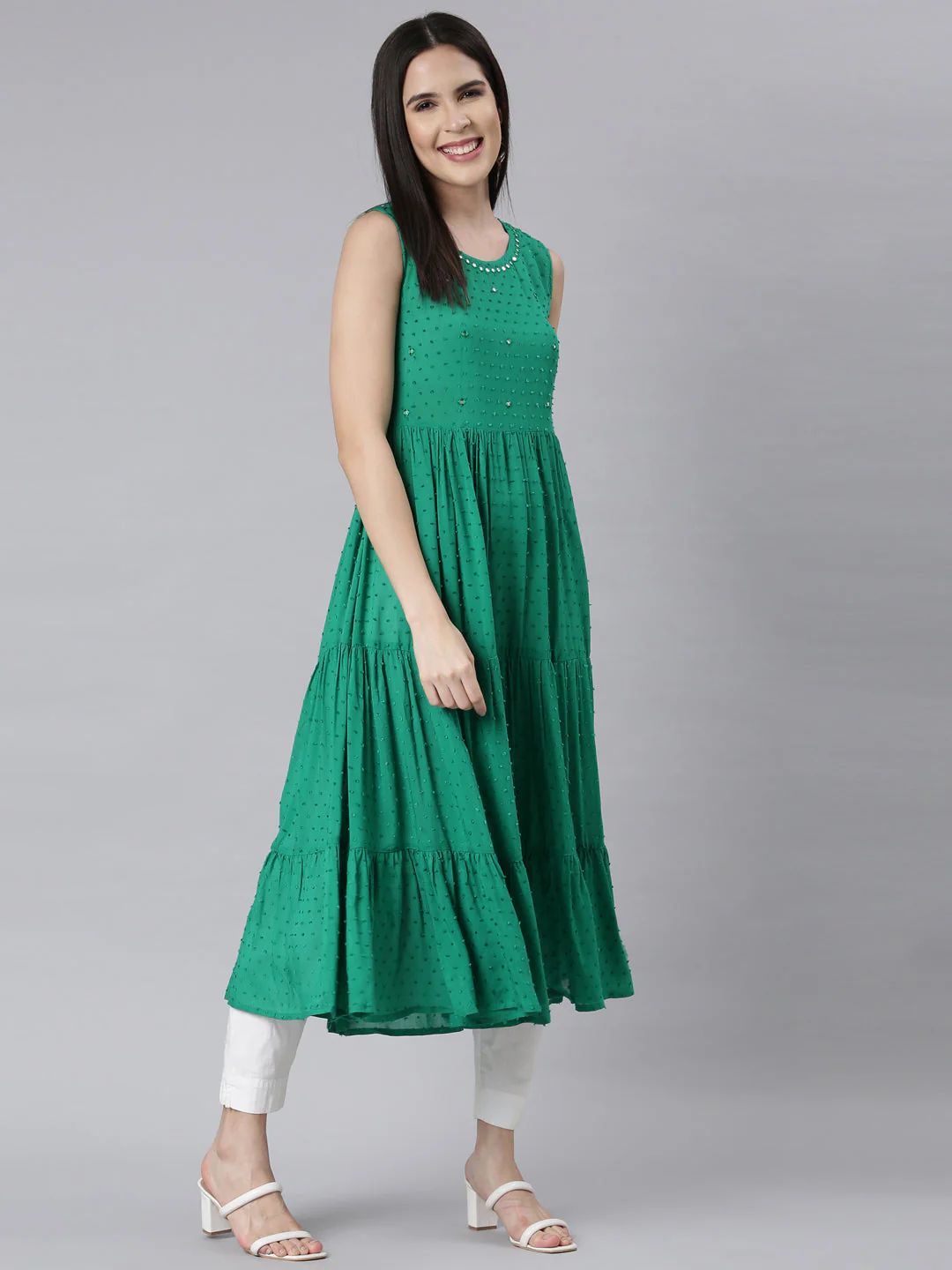 Neerus Green Panelled Anarkali Embellished Kurta - Image 4