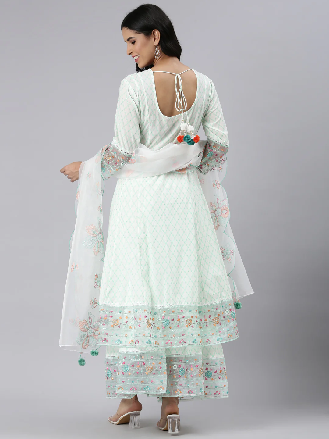 Neerus Green Panelled Curved Printed Kurta and Palazzos With Dupatta - Image 3