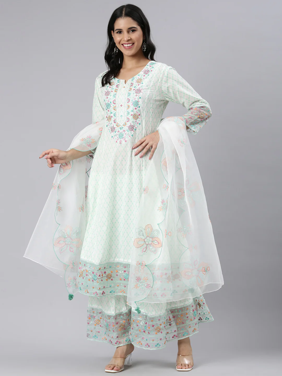 Neerus Green Panelled Curved Printed Kurta and Palazzos With Dupatta - Image 5