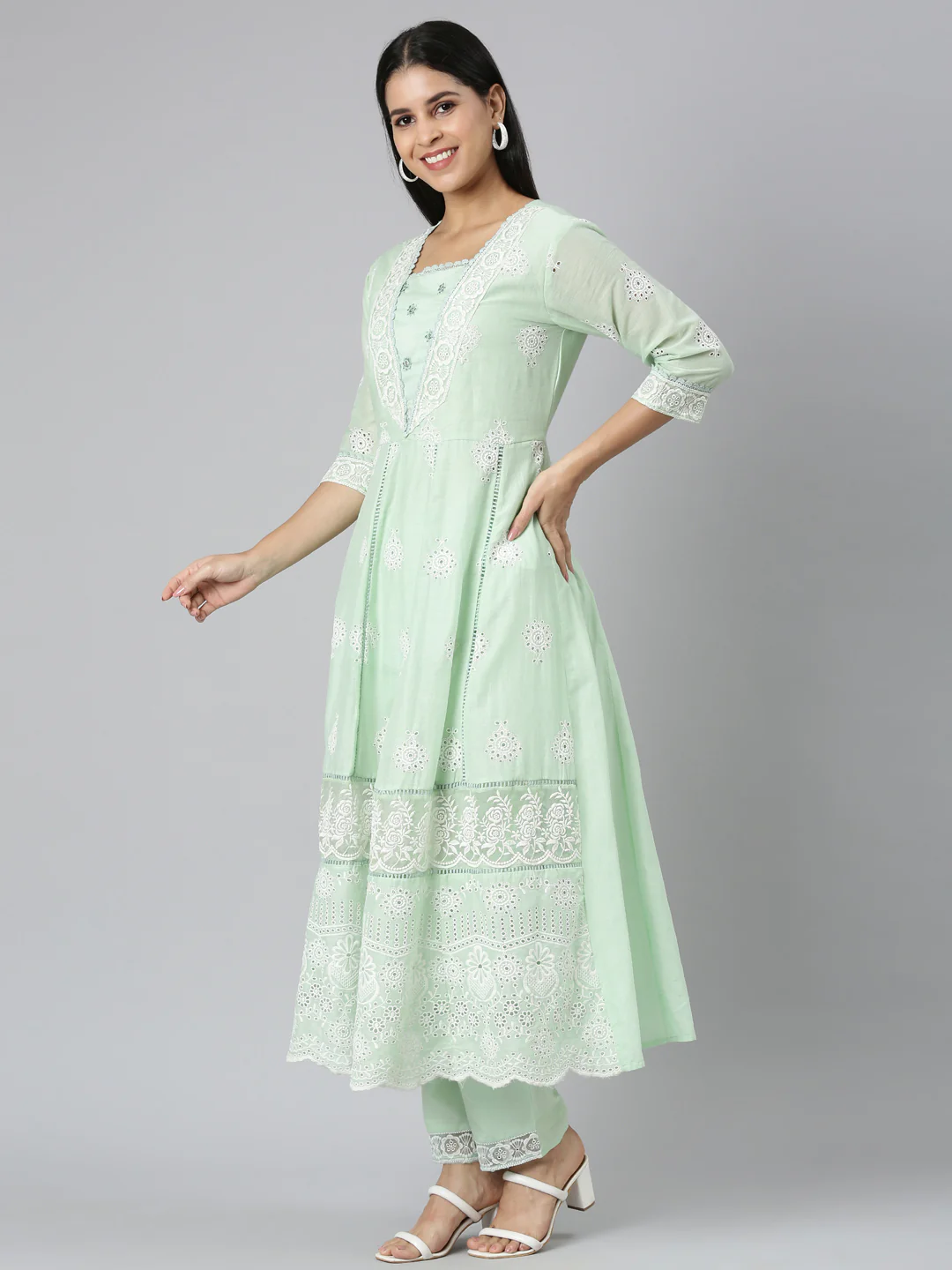Neerus Green Panelled Scalloped Kurta and Trousers With Dupatta - Image 2