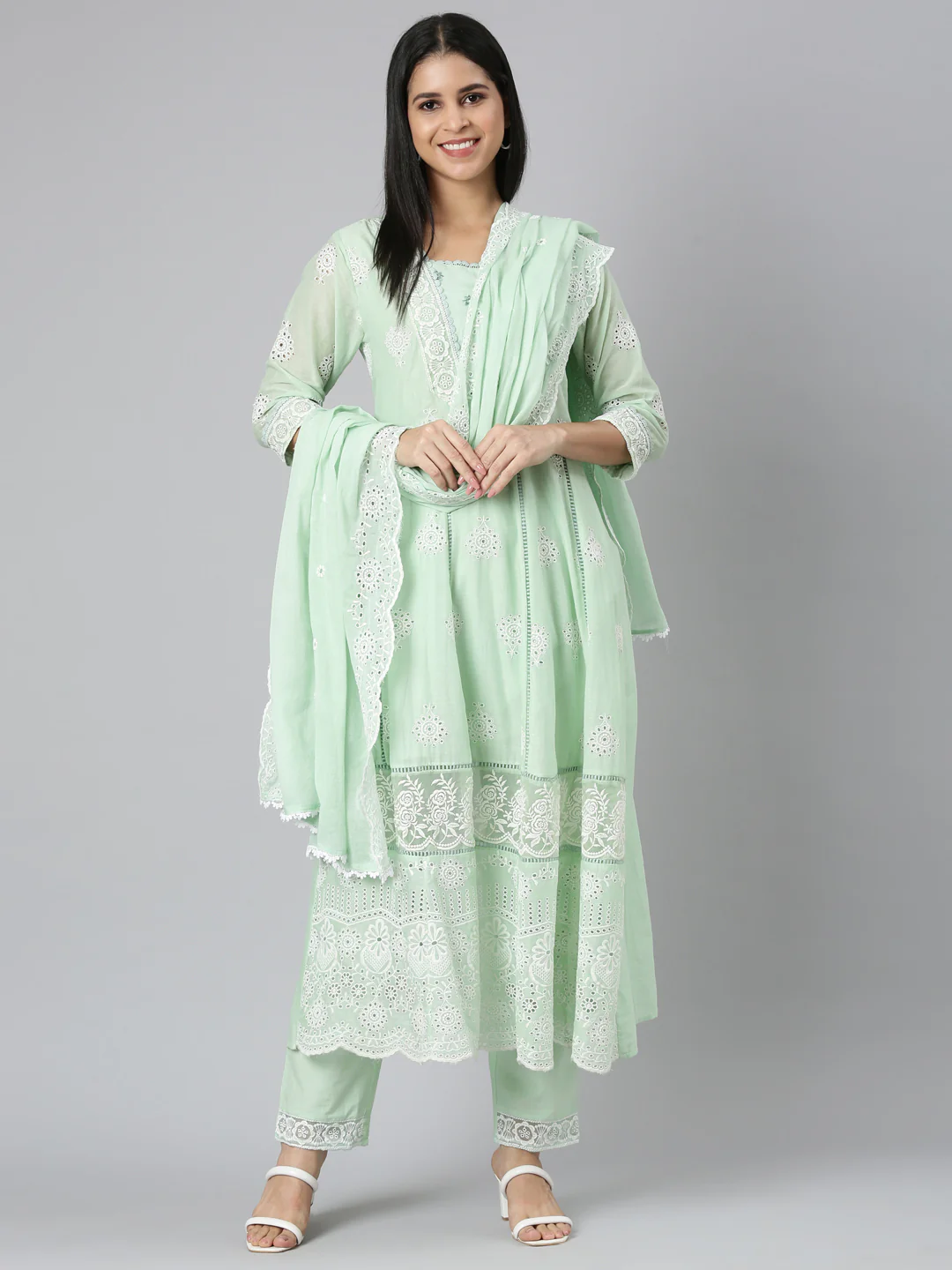 Neerus Green Panelled Scalloped Kurta and Trousers With Dupatta - Image 5