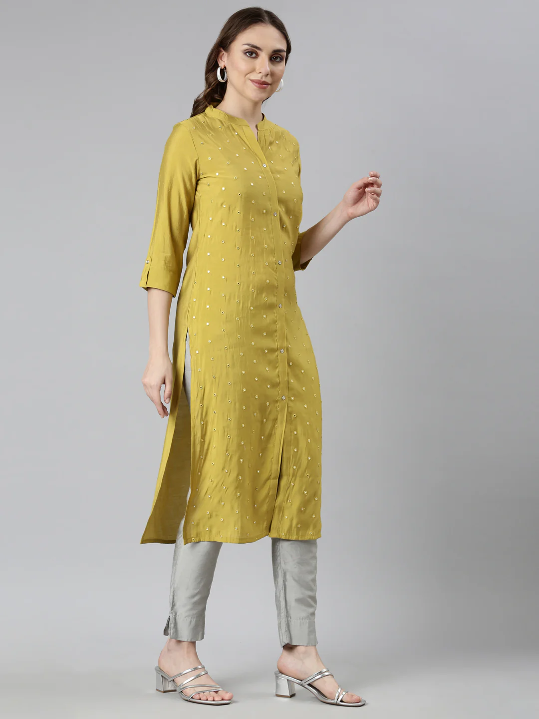 Neerus Green Panelled Straight Embellished Kurta - Image 2
