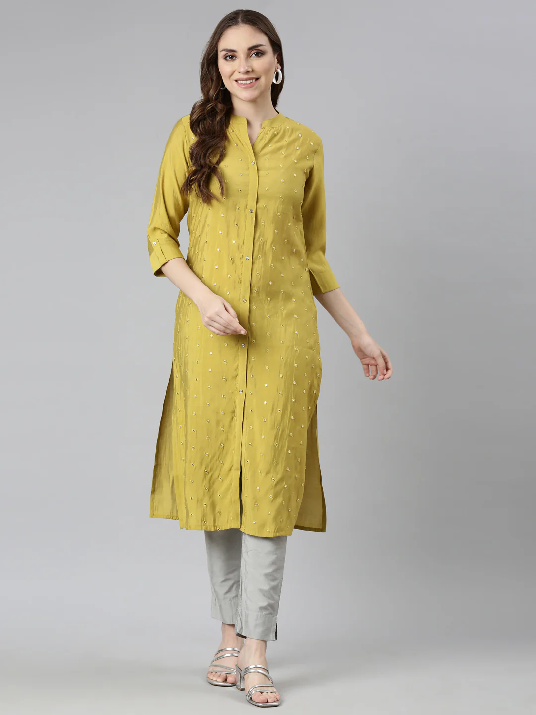 Neerus Green Panelled Straight Embellished Kurta - Image 4