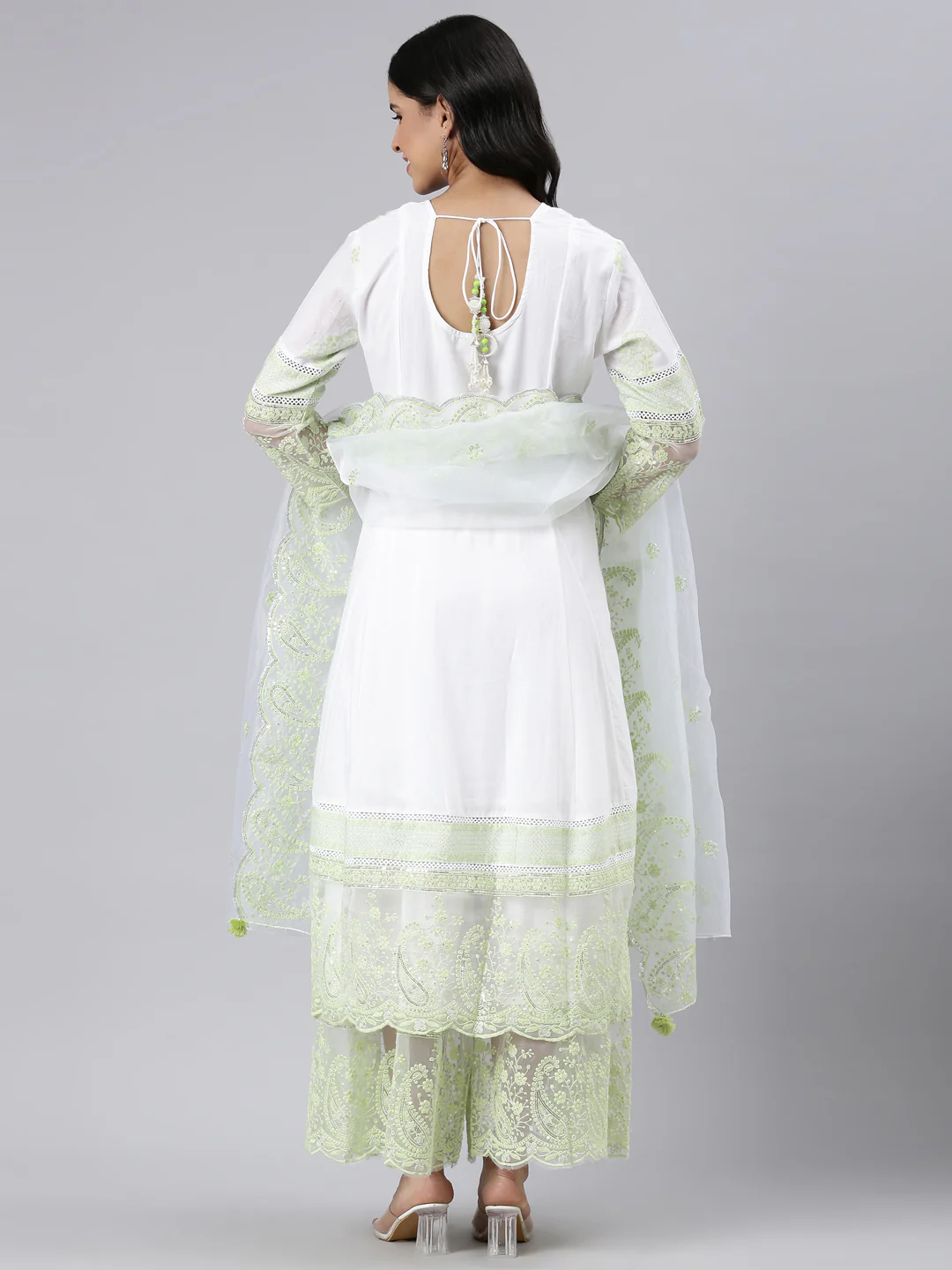Neerus Green Panelled Straight Embroidered Kurta and Palazzos With Dupatta - Image 3