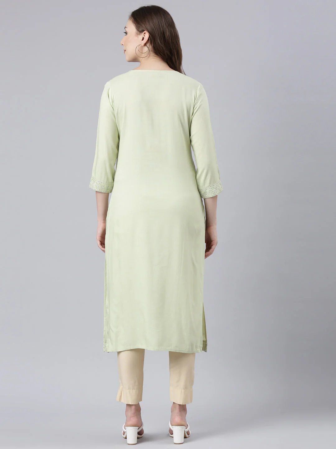 Neerus Green Panelled Straight Floral Kurta - Image 4