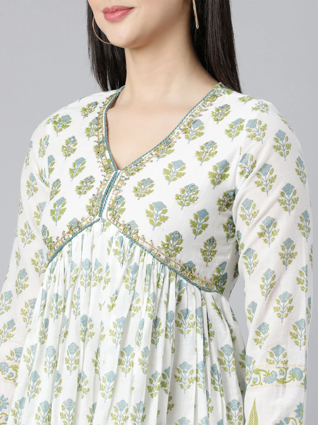 Neerus Green Panelled Printed Kurta And Palazzos With Dupatta - Image 5