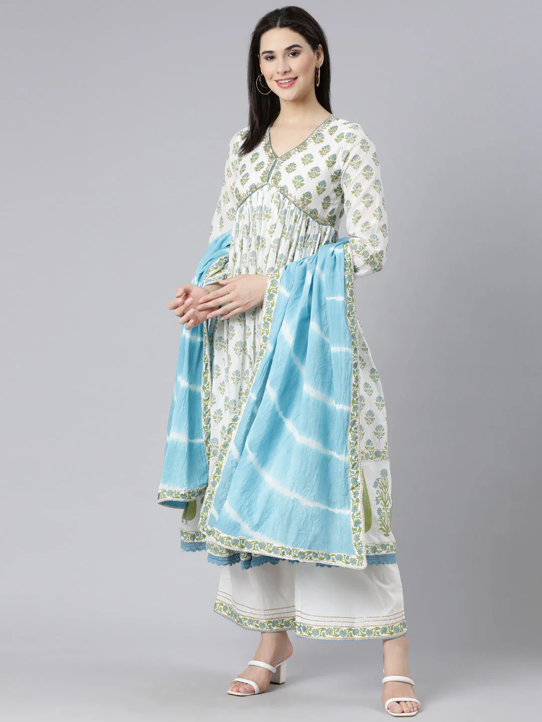 Neerus Green Panelled Printed Kurta And Palazzos With Dupatta - Image 6