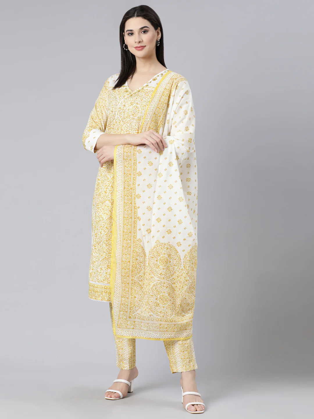 Neerus Green Panelled Straight Printed Kurta And Trousers With Dupatta - Image 6