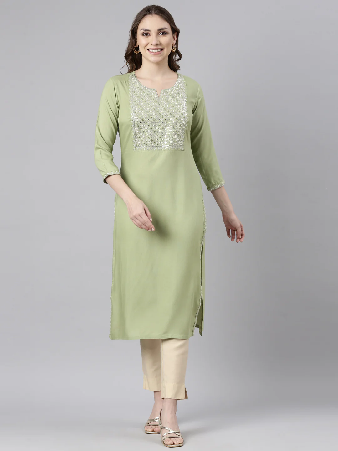 Neerus Green Panelled Straight Solid Kurta