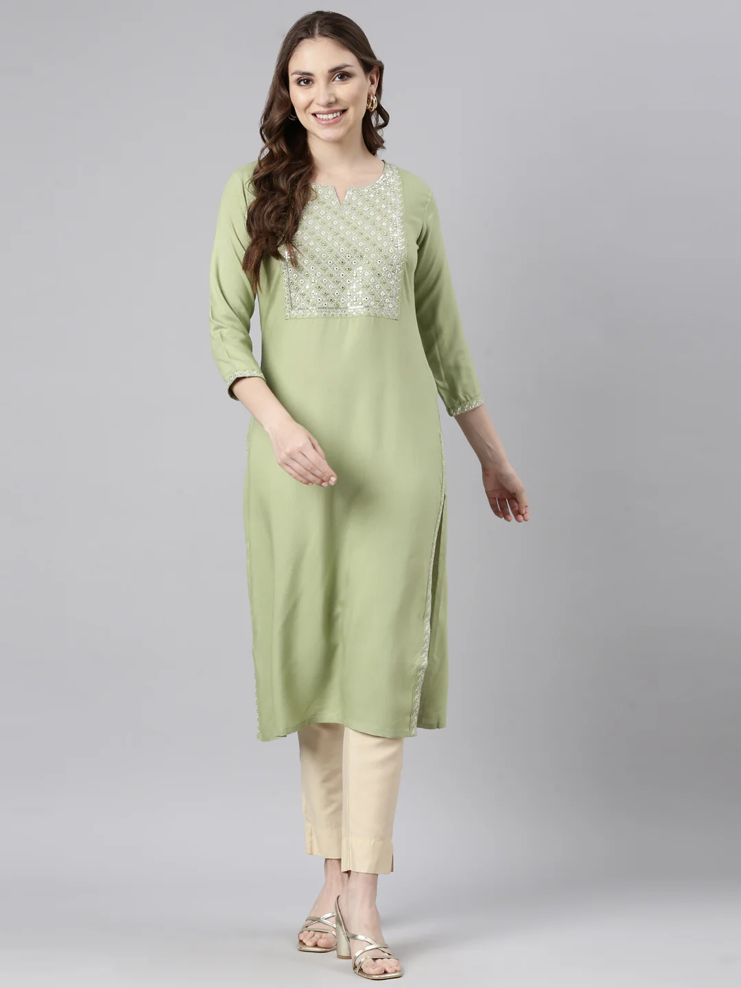 Neerus Green Panelled Straight Solid Kurta - Image 5