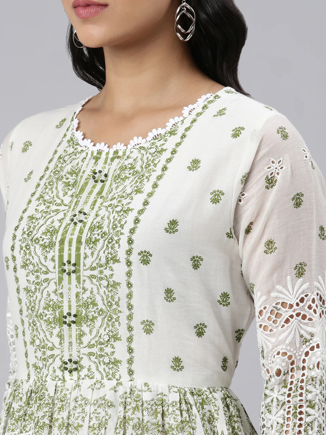 Neerus Green Pleated Curved Printed Kurta and Trousers With Dupatta - Image 4