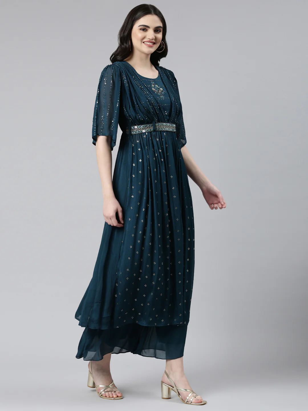 Neerus Green Pleated Straight Embroidered Kurta And Palazzos With Dupatta - Image 2
