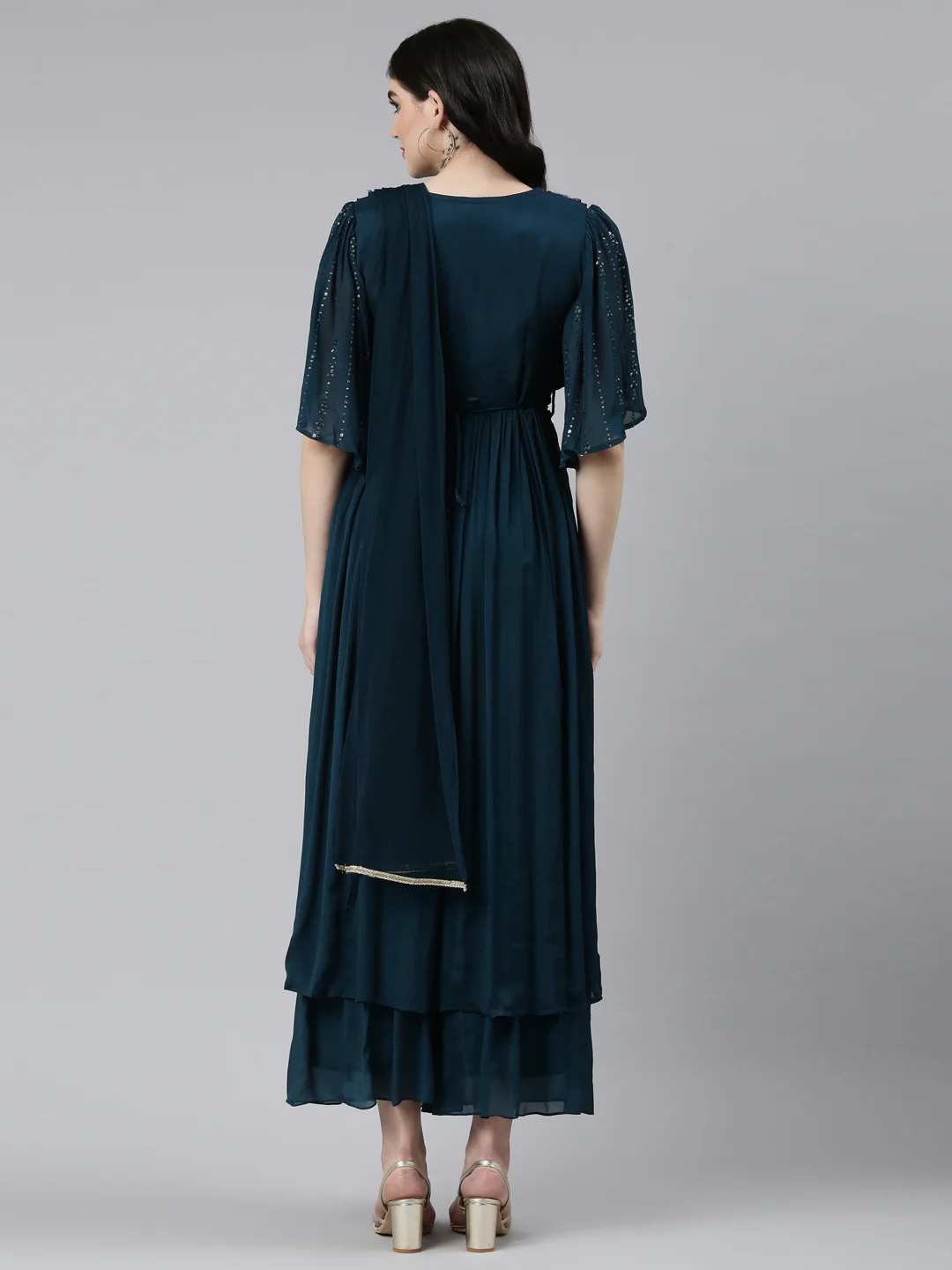 Neerus Green Pleated Straight Embroidered Kurta And Palazzos With Dupatta - Image 3