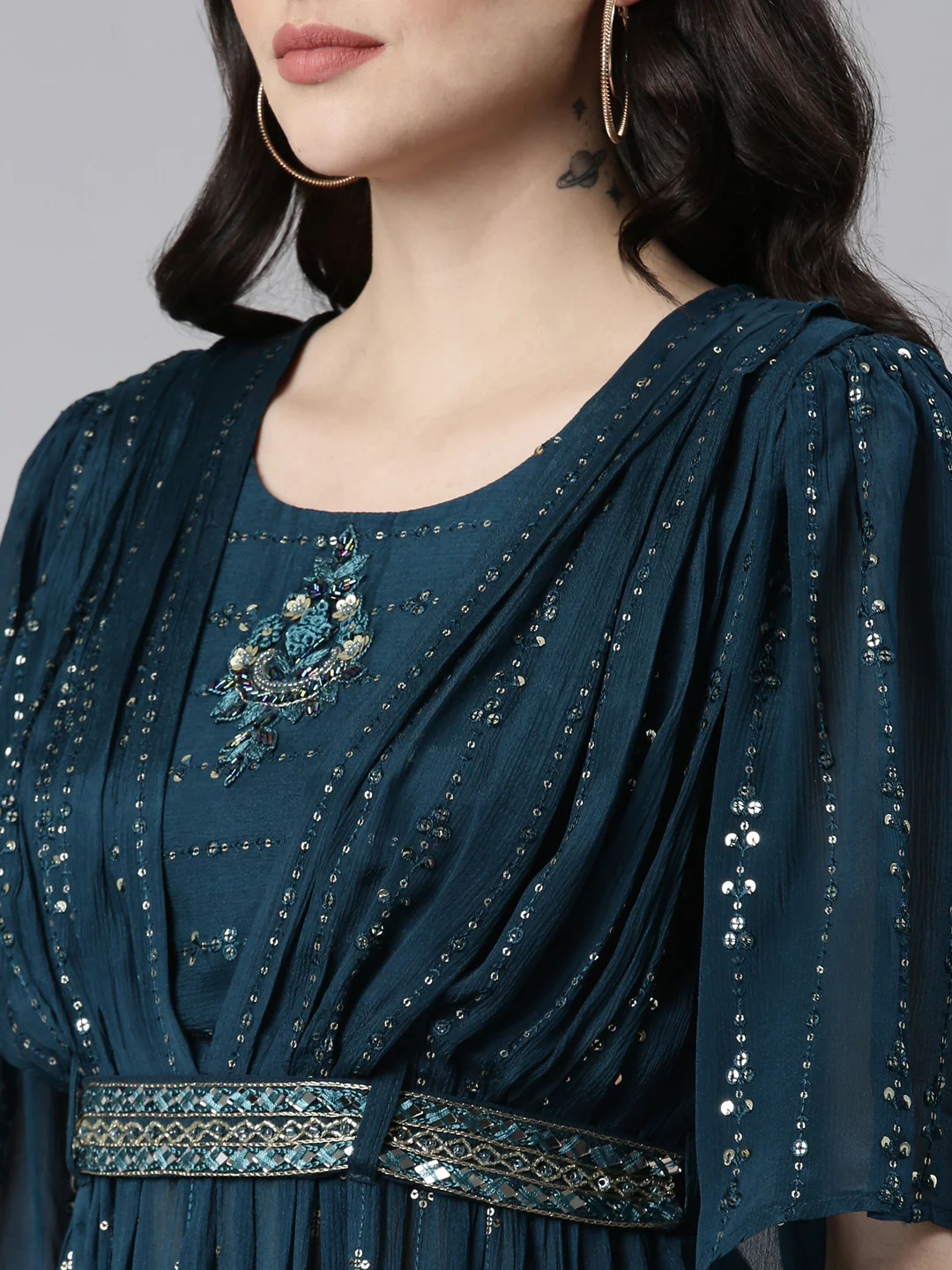 Neerus Green Pleated Straight Embroidered Kurta And Palazzos With Dupatta - Image 4