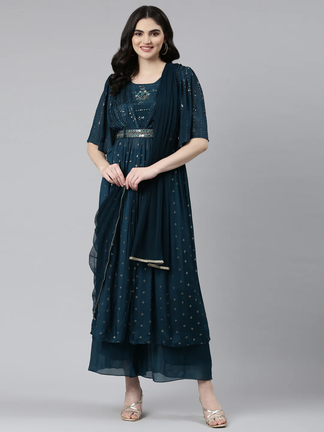 Neerus Green Pleated Straight Embroidered Kurta And Palazzos With Dupatta - Image 5