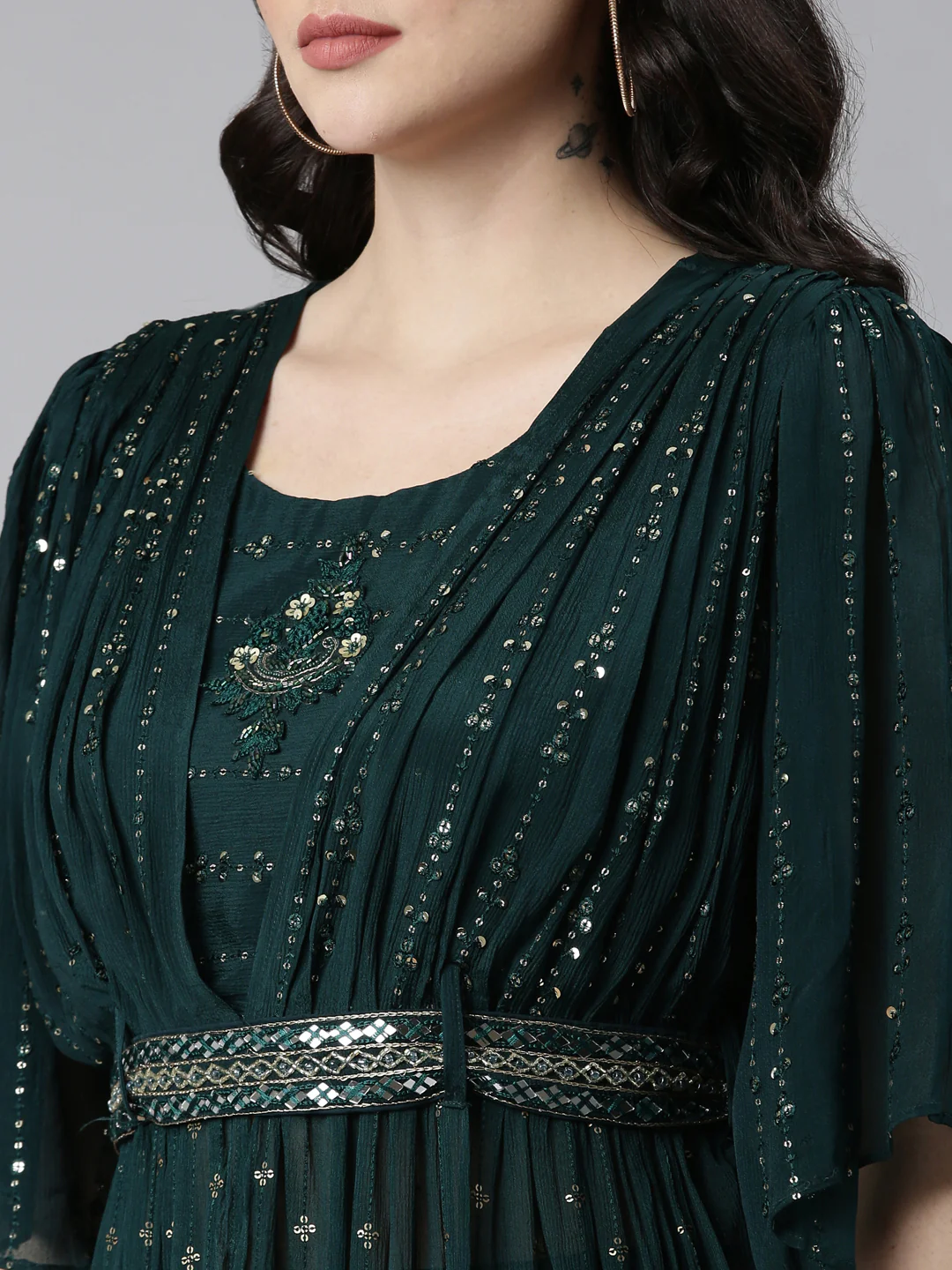Neerus Green Pleated Straight Embroidered Kurta And Palazzos With Dupatta - Image 4