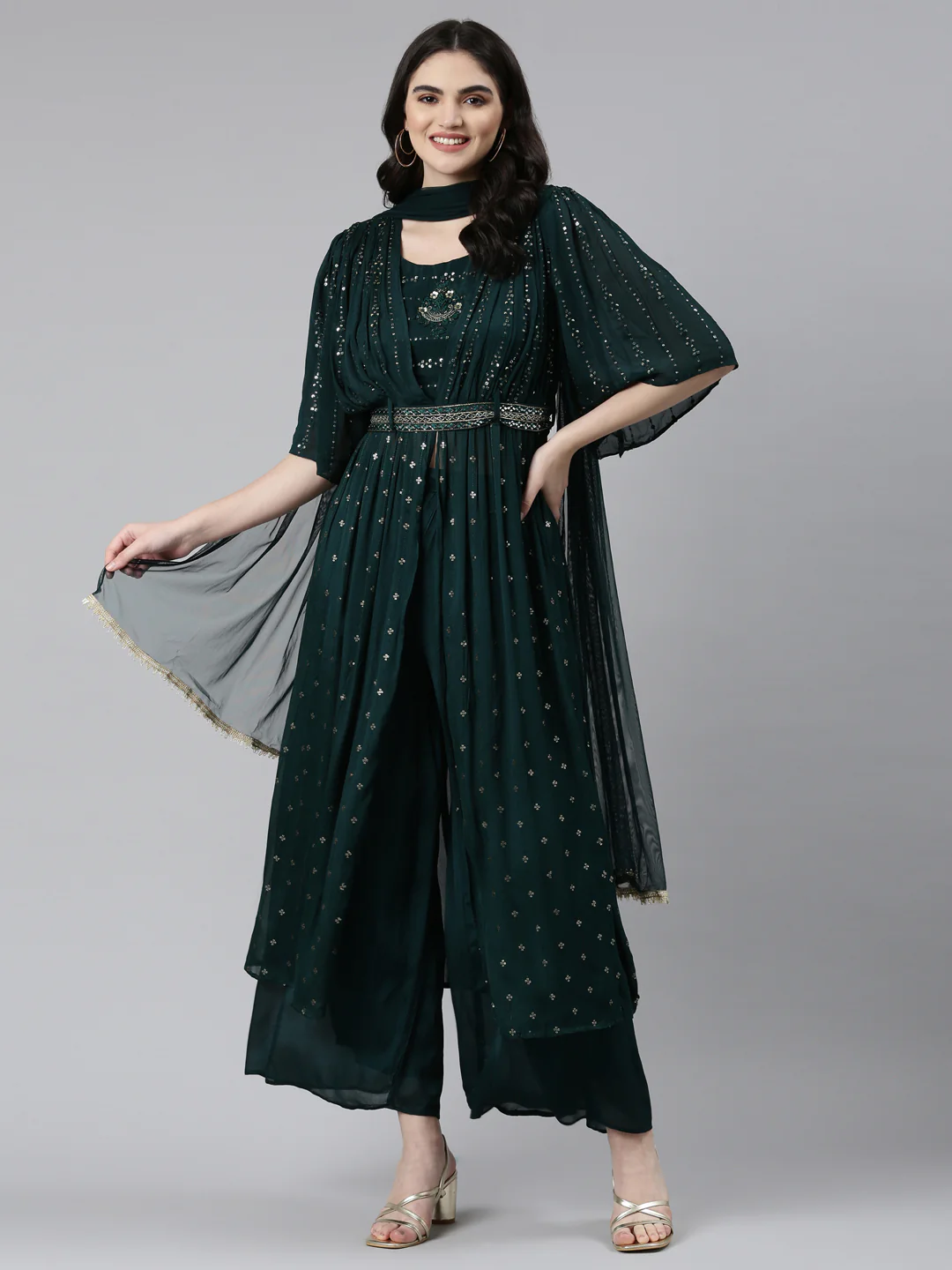 Neerus Green Pleated Straight Embroidered Kurta And Palazzos With Dupatta - Image 5