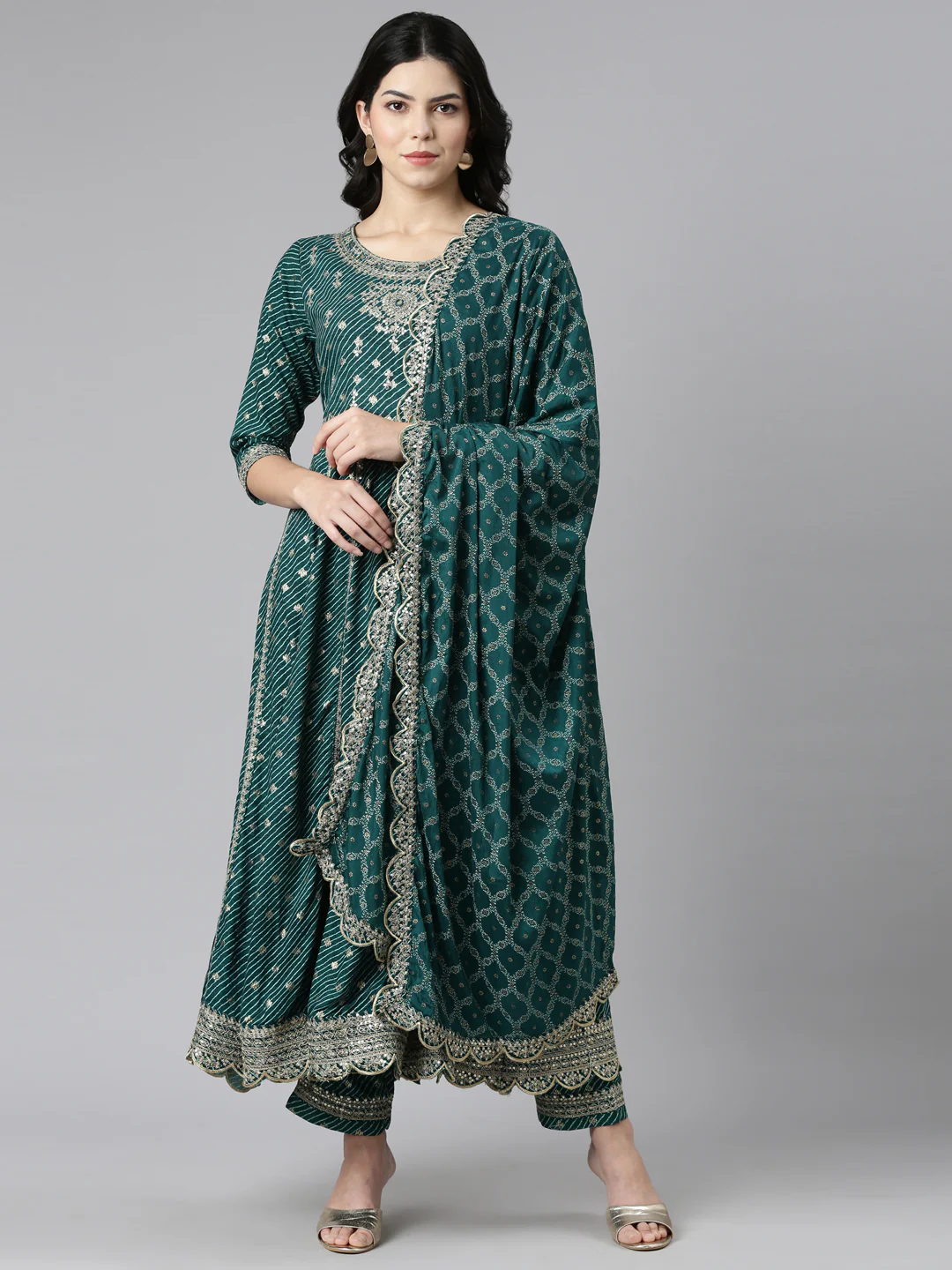 Neerus Green Pleated Straight Embroidered Readymade suits