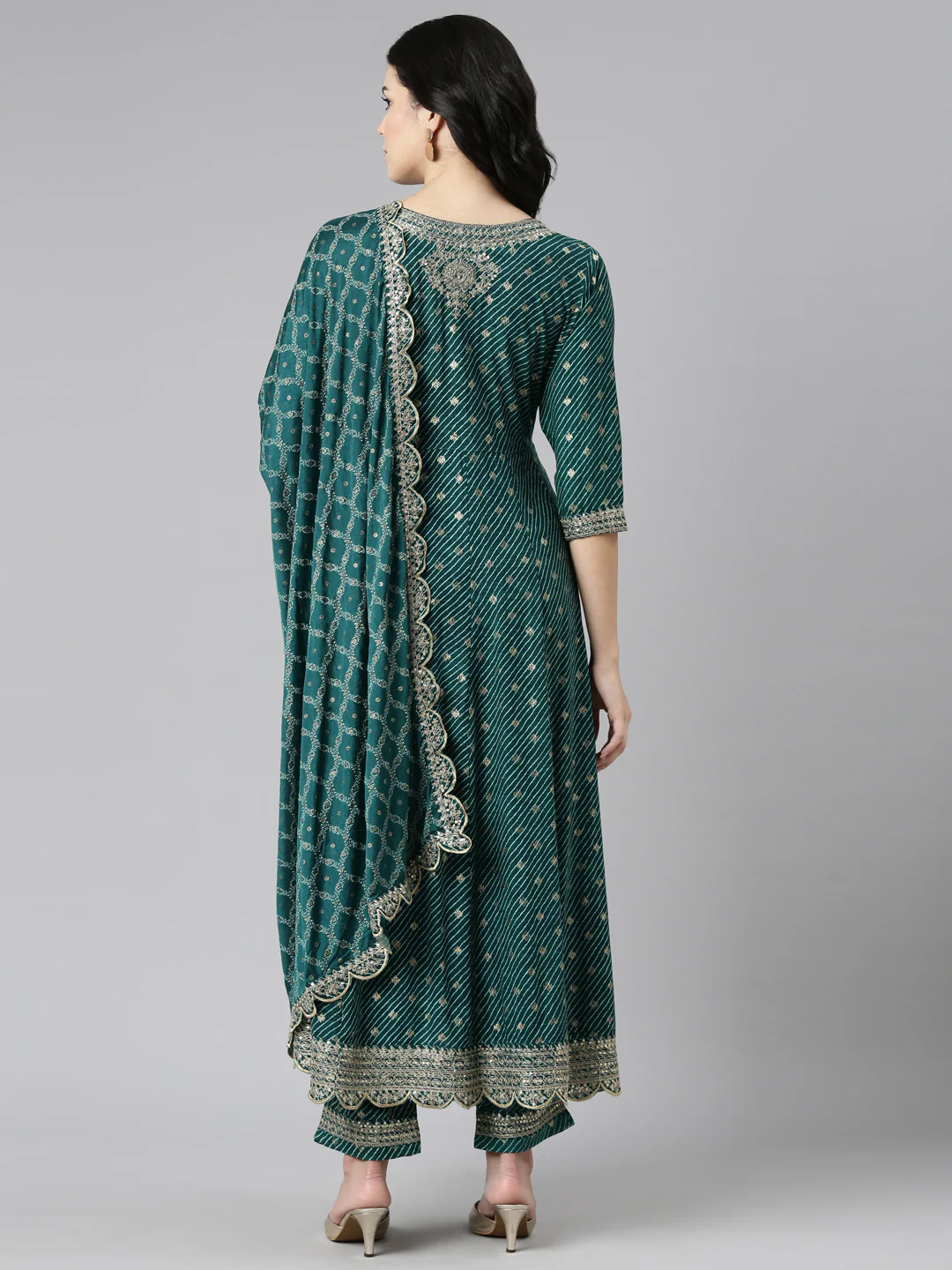 Neerus Green Pleated Straight Embroidered Readymade suits - Image 3