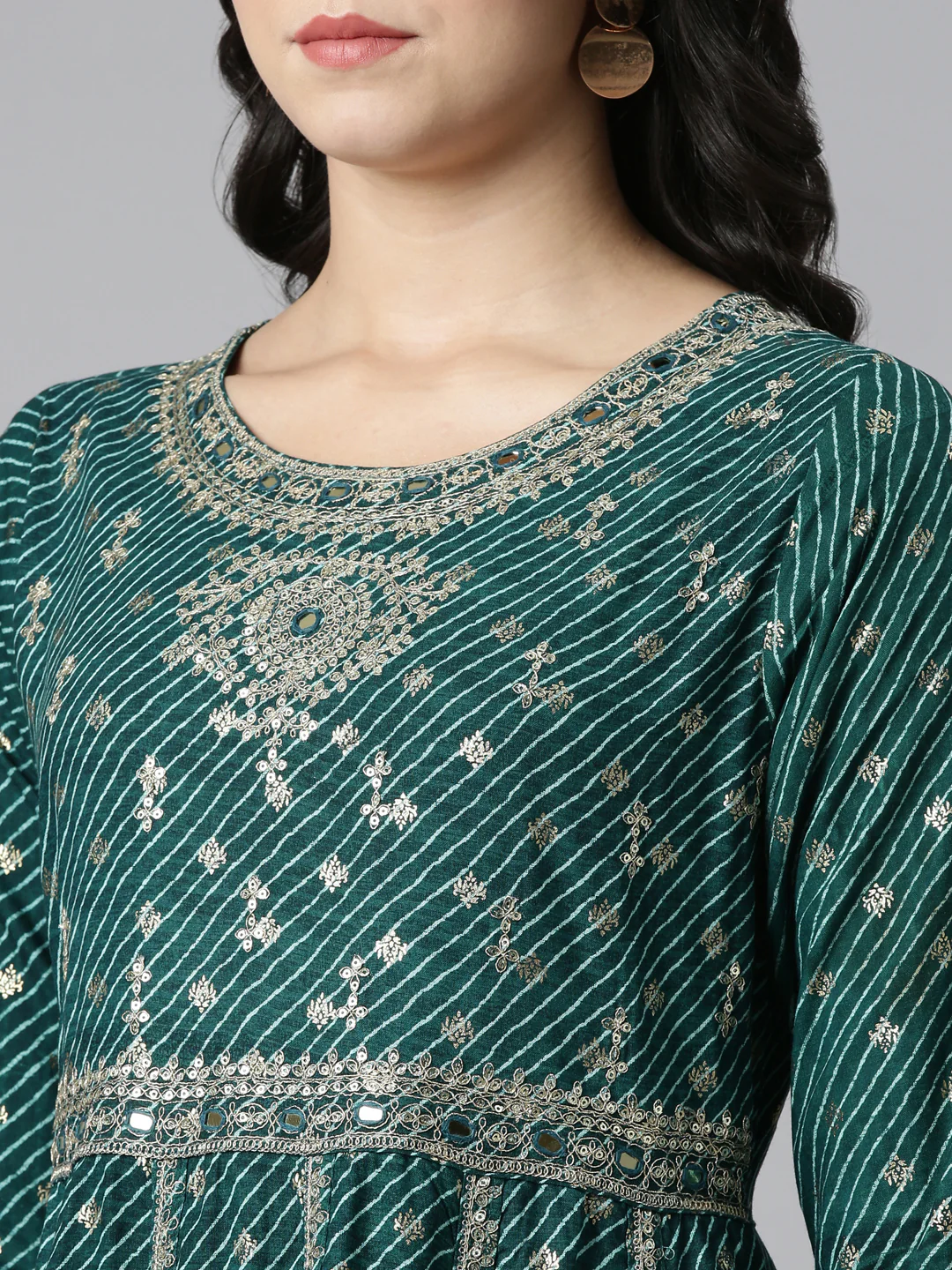 Neerus Green Pleated Straight Embroidered Readymade suits - Image 4