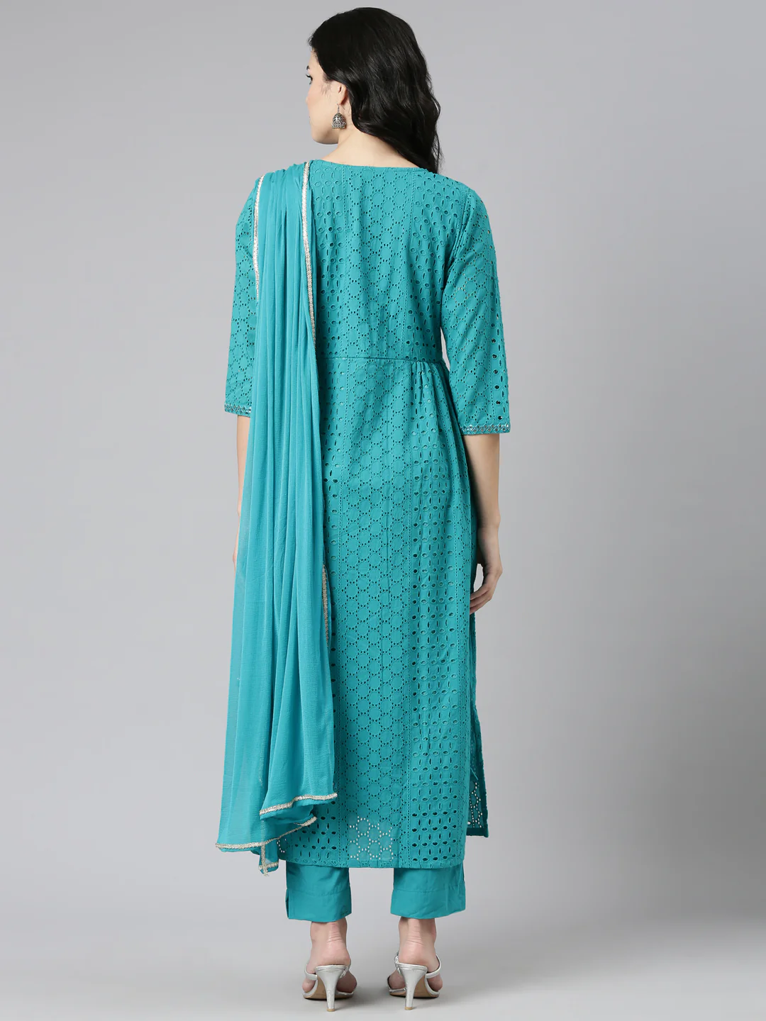 Neerus Green Pleated Straight Embroidered Readymade suits - Image 3