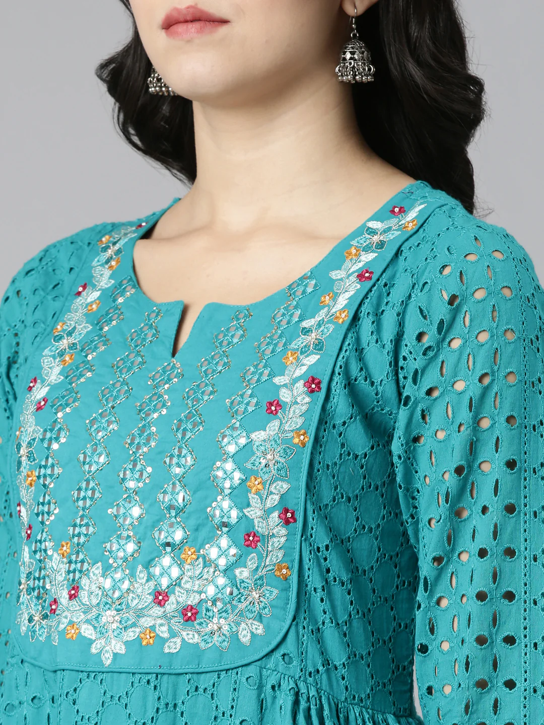 Neerus Green Pleated Straight Embroidered Readymade suits - Image 4