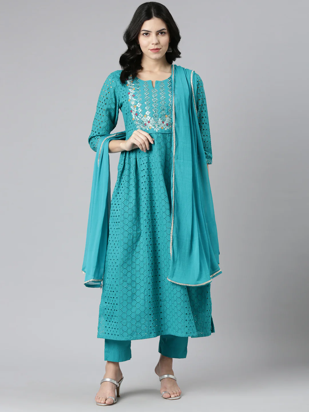 Neerus Green Pleated Straight Embroidered Readymade suits - Image 5