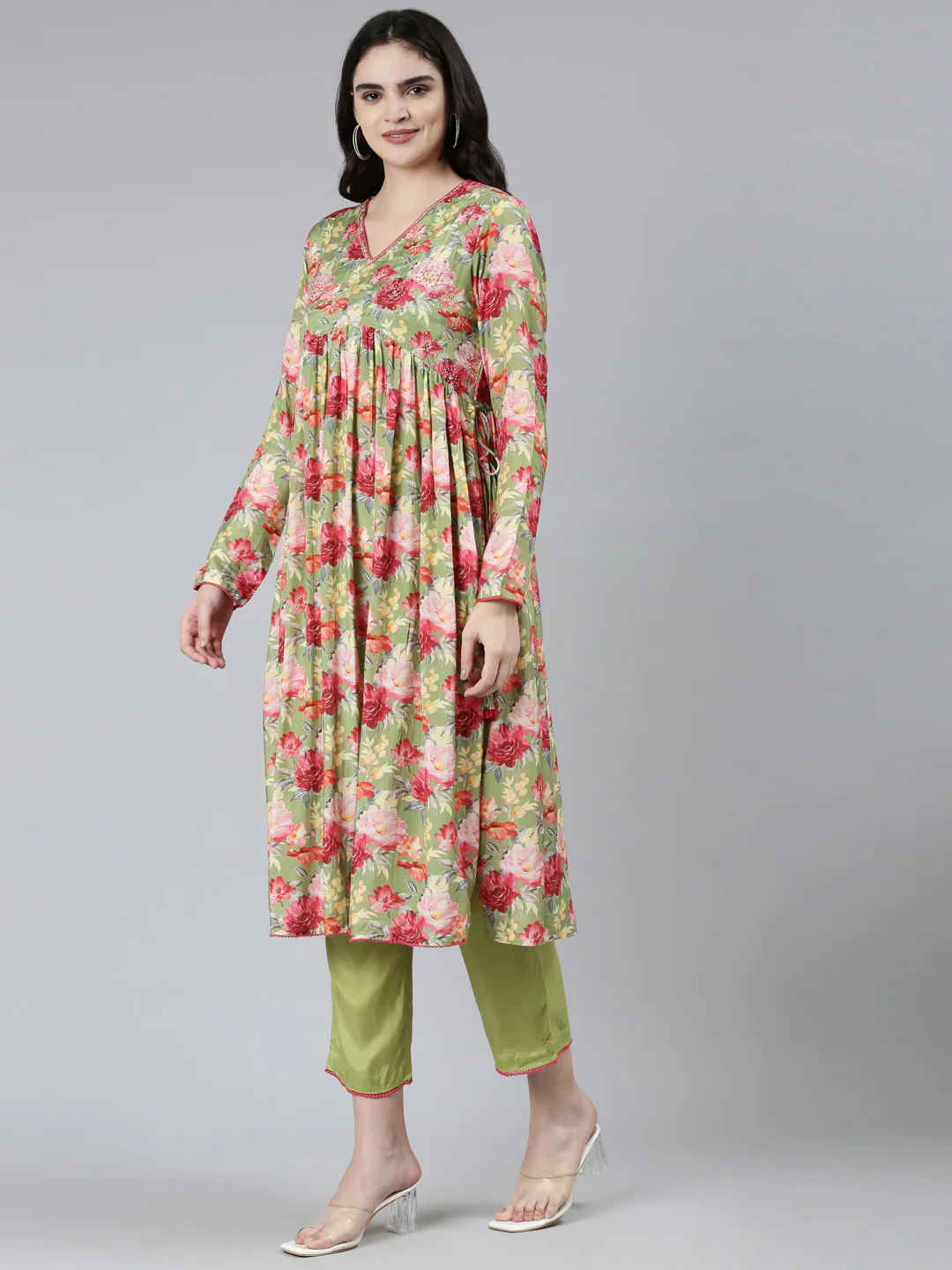 Neerus Green Pleated Straight Floral Readymade suits - Image 2