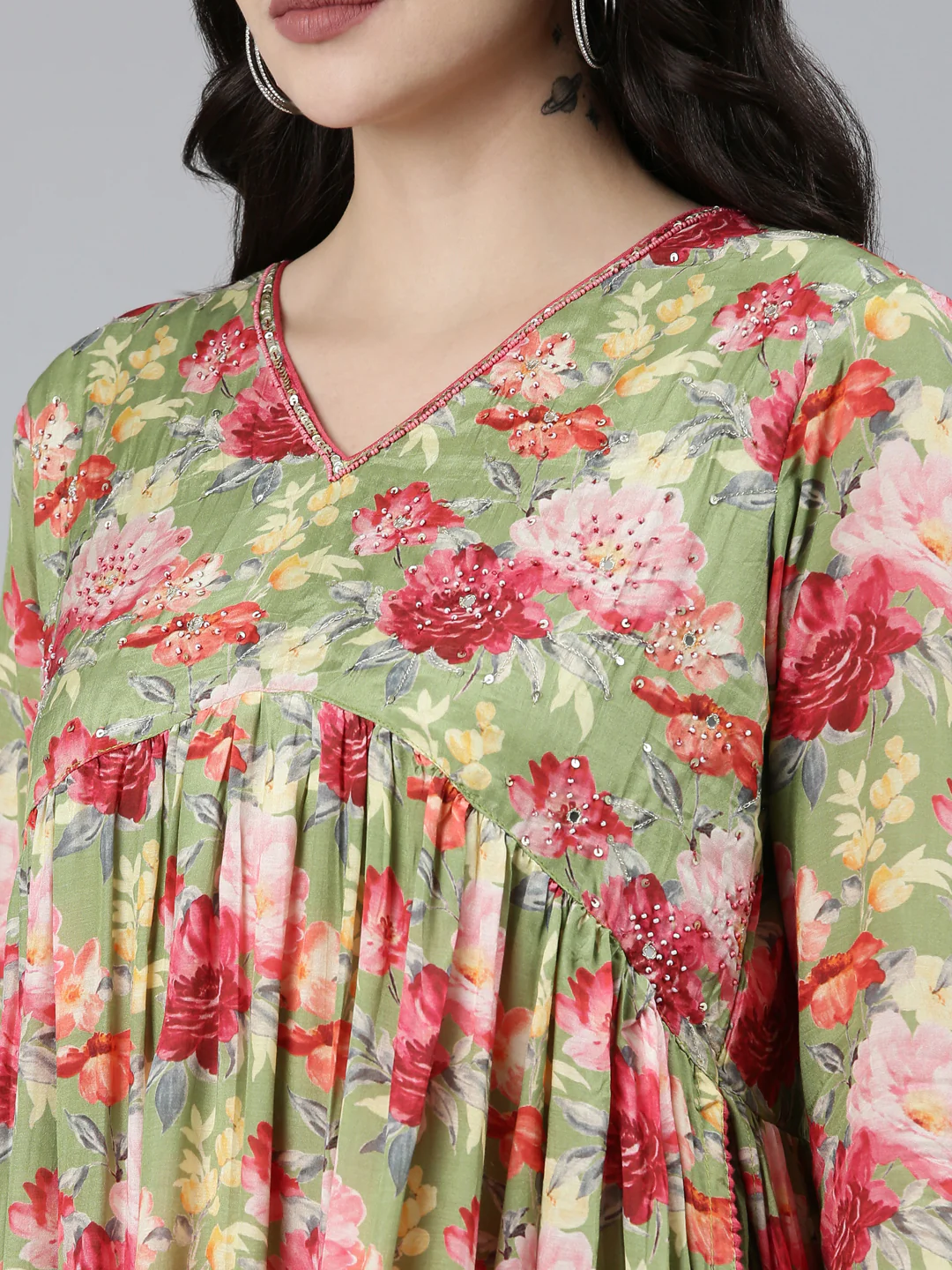Neerus Green Pleated Straight Floral Readymade suits - Image 4