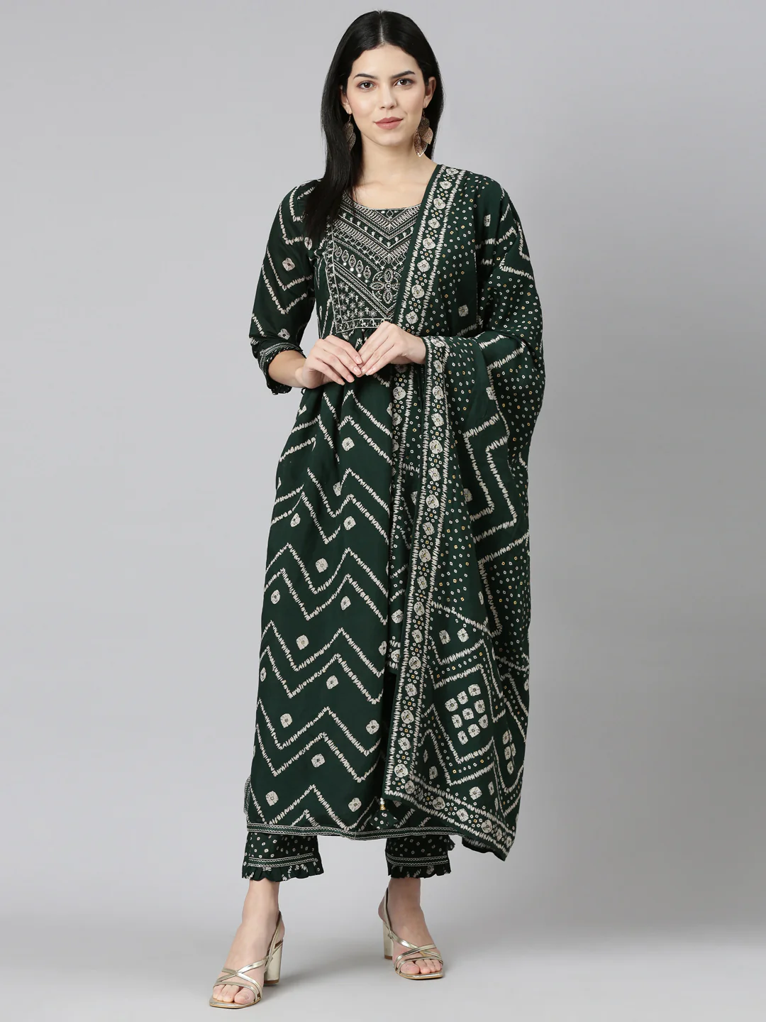 Neerus Green Pleated Straight Printed Readymade suits - Image 5