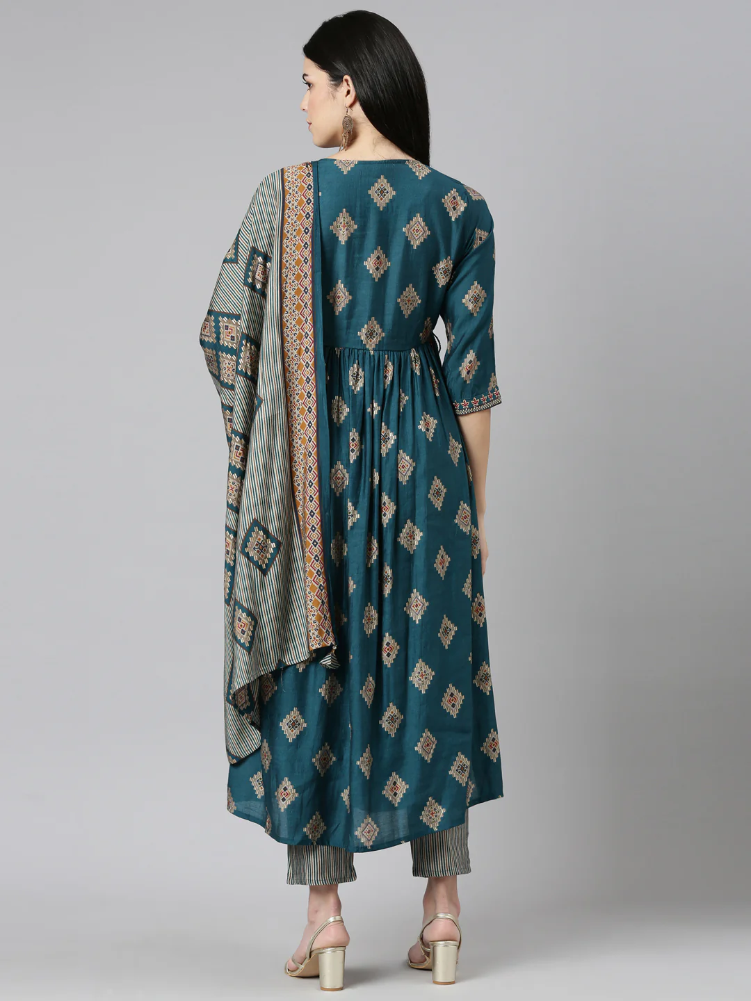 Neerus Green Pleated Straight Printed Readymade suits - Image 3
