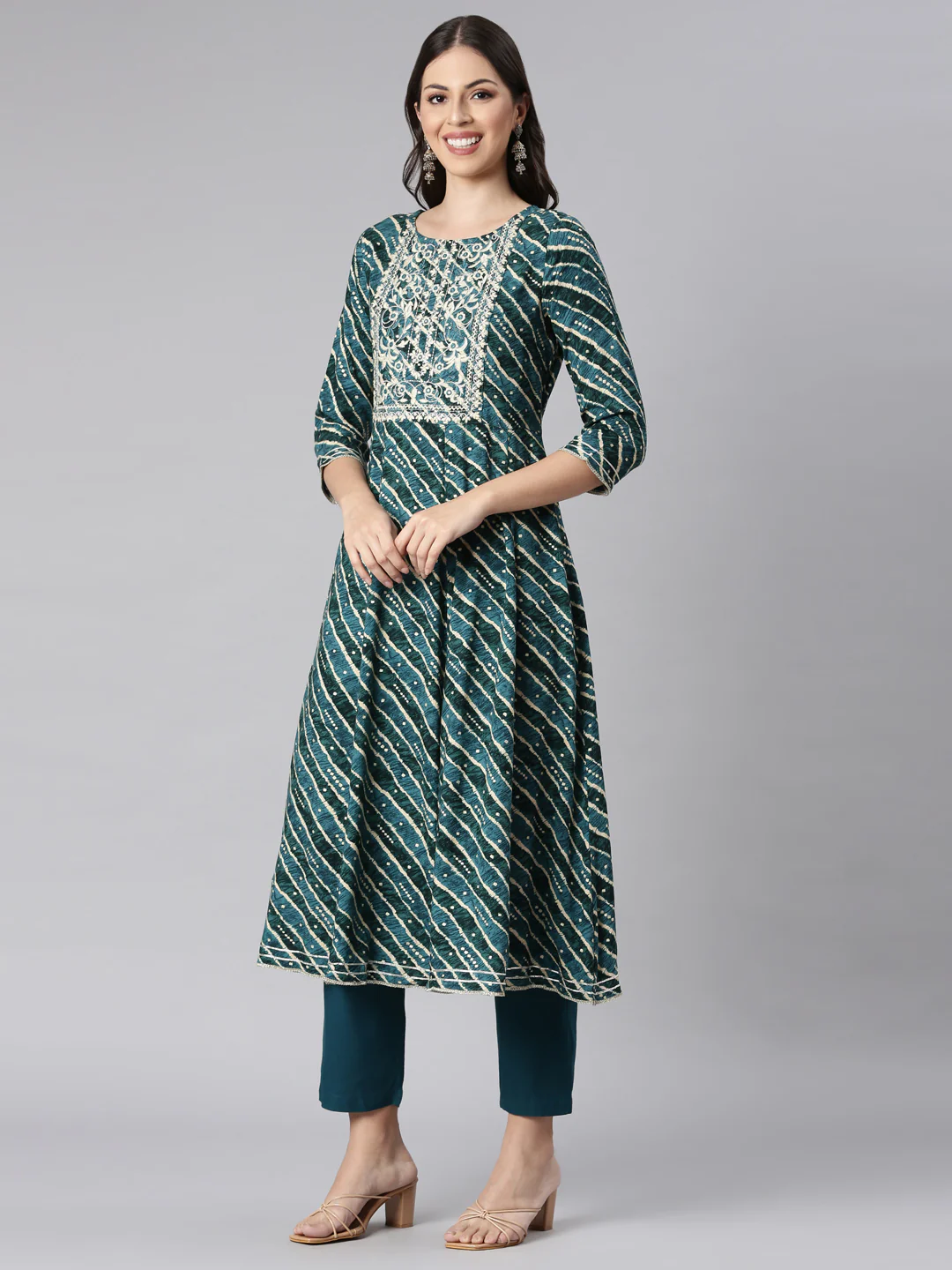 Neerus Green Printed Anarkali Kurta and Trousers With Dupatta - Image 2