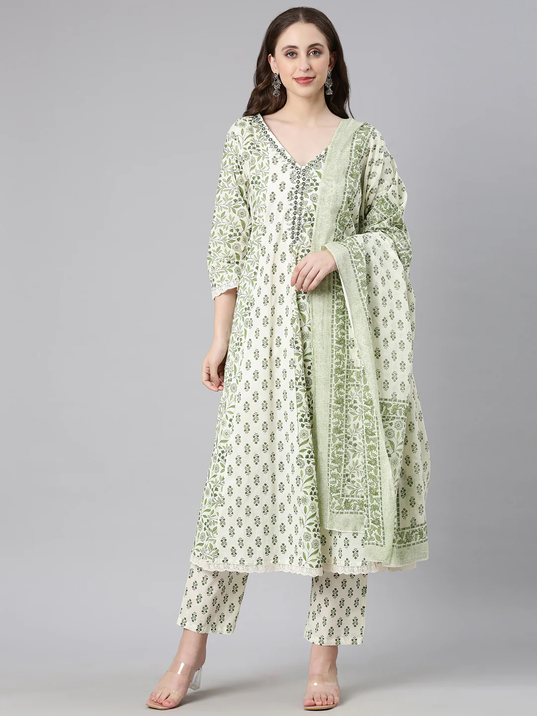 Neerus Green Printed Anarkali Kurta and Trousers With Dupatta