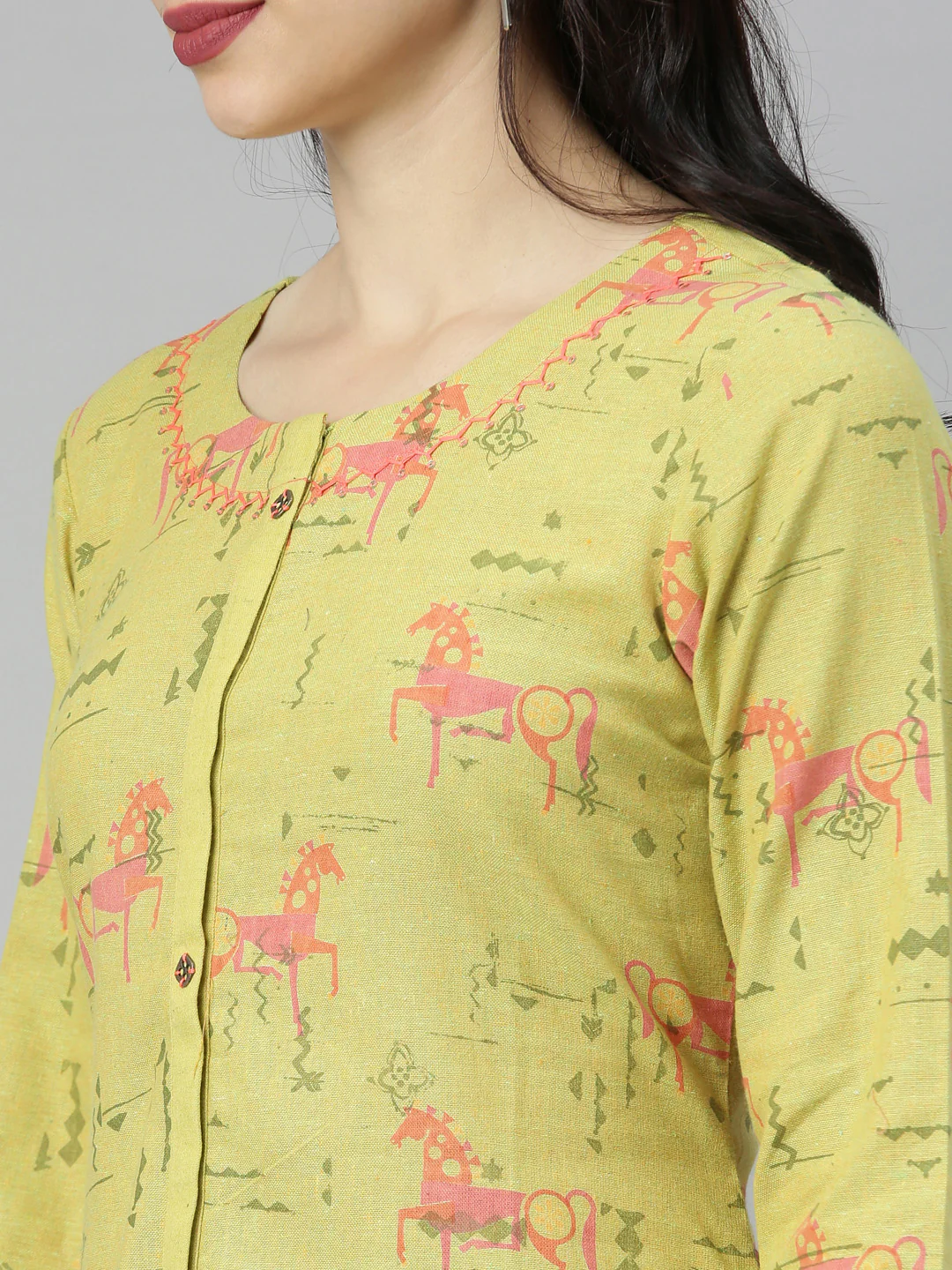 Neerus Green Printed High Low Kurta - Image 2