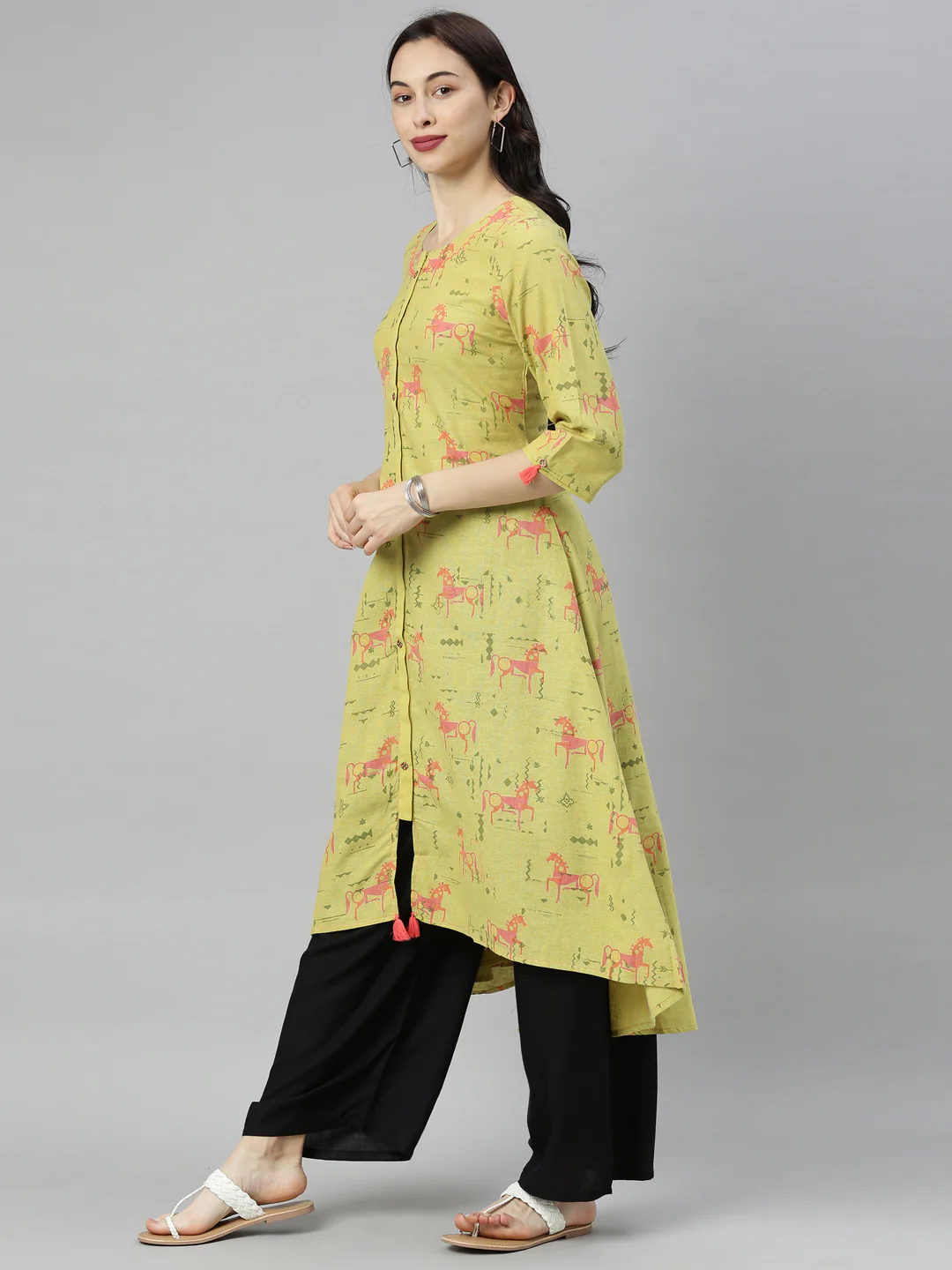 Neerus Green Printed High Low Kurta - Image 5