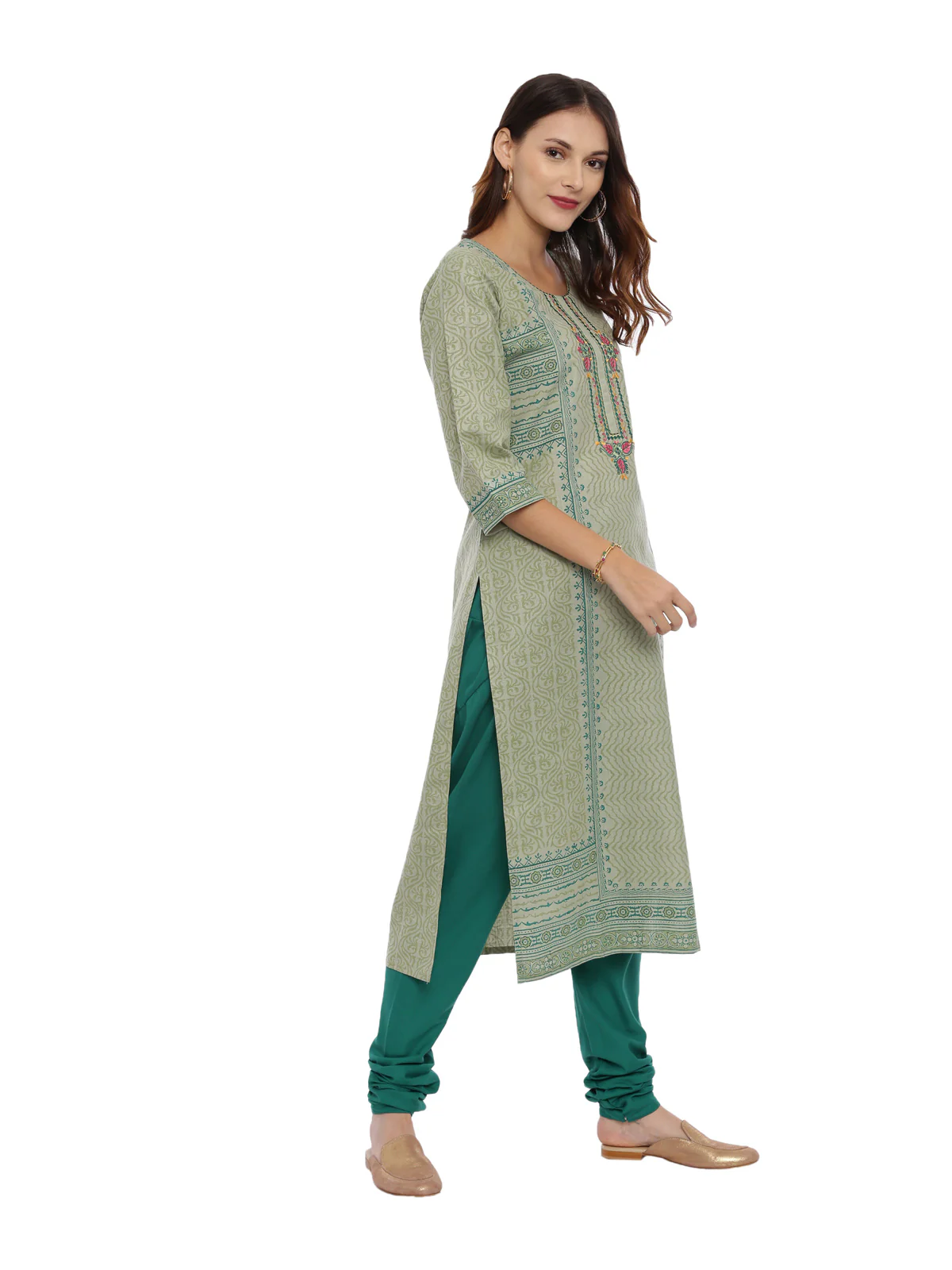 Neerus Green Printed Kurta With Churidar & Dupatta - Image 3