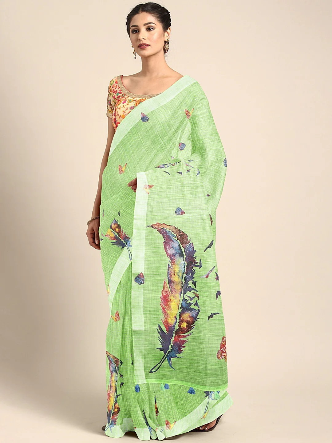 Neerus Green Printed Saree With Blouse