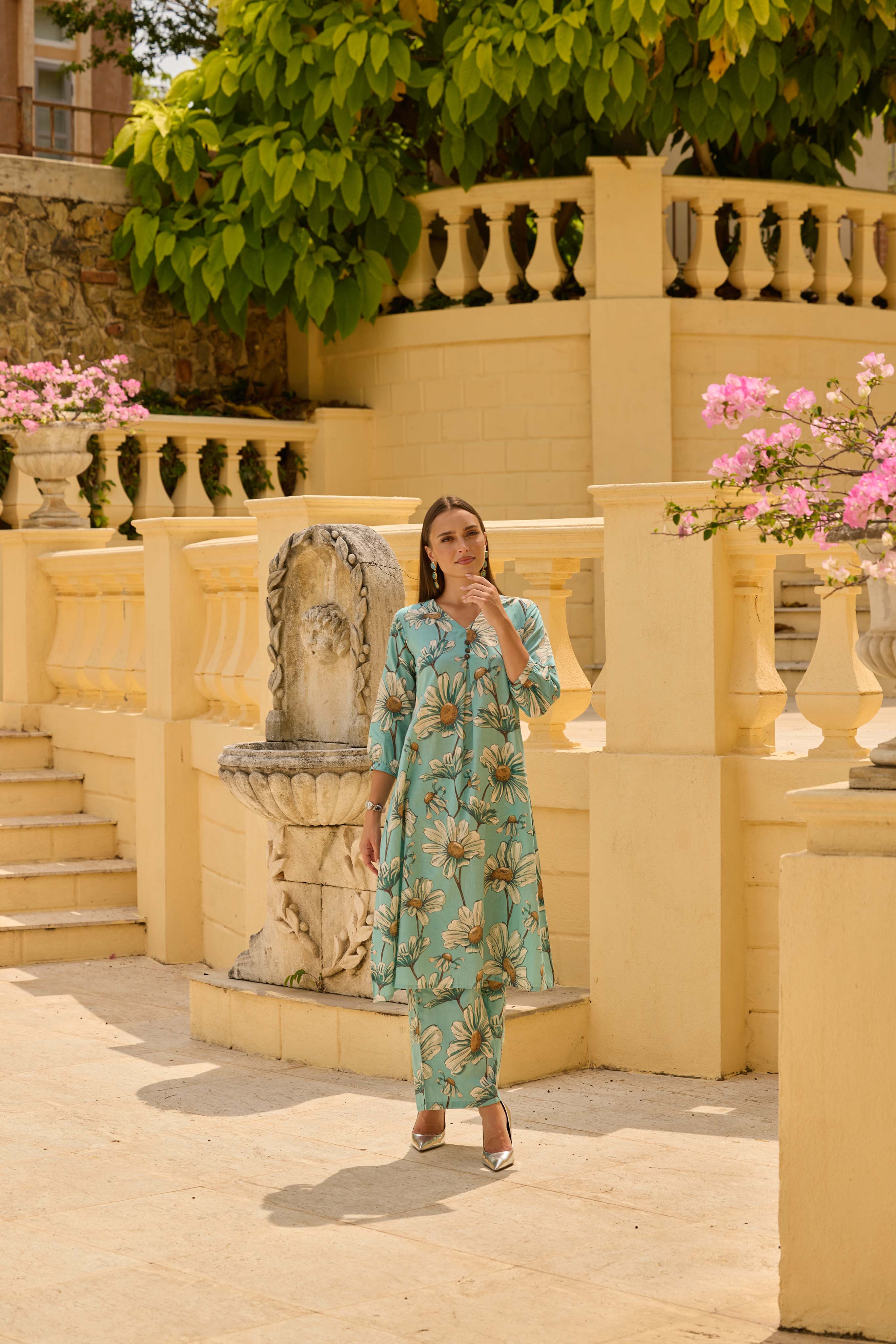 Neerus Green Printed Straight Kurta and Palazzos - Image 2