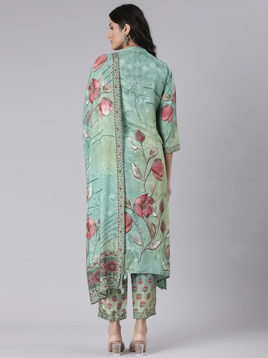 Neerus Green Printed Straight Kurta and Trousers With Dupatta - Image 3