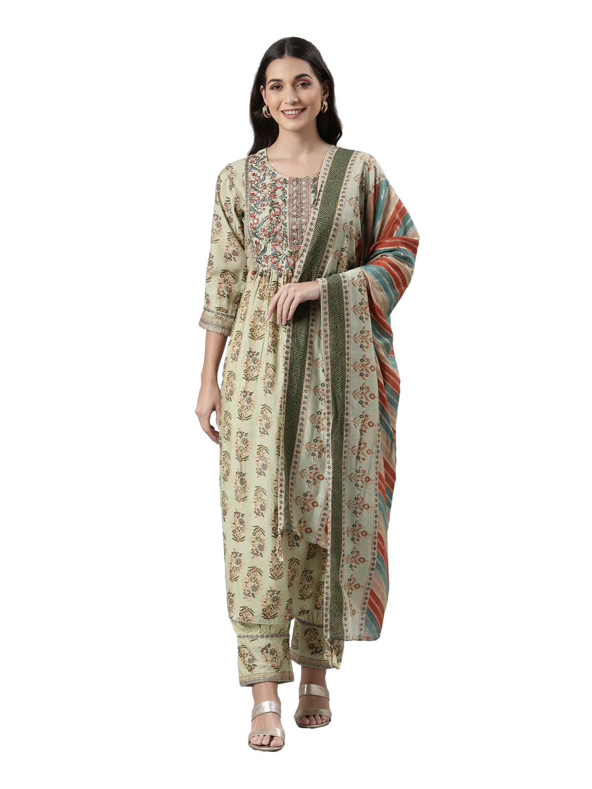Neerus Green Regular Calf Length Printed Kurta Printed Trousers With Dupatta