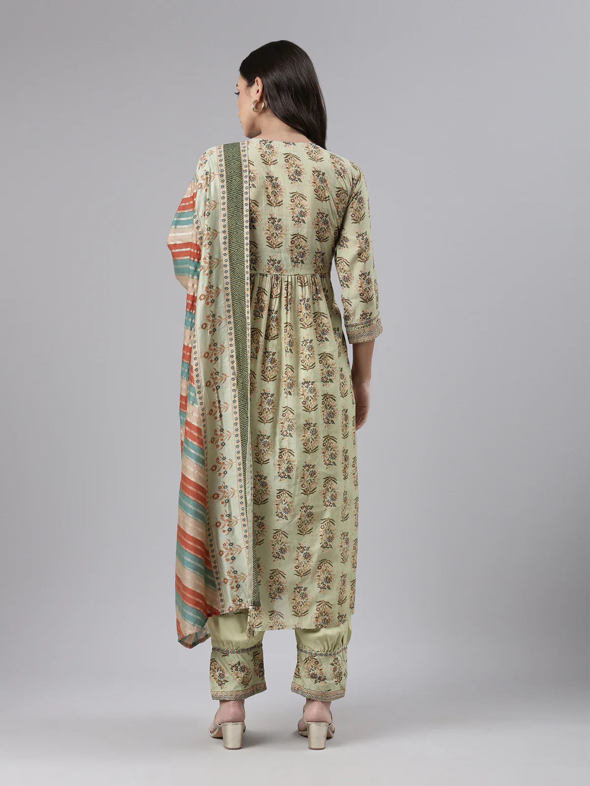 Neerus Green Regular Calf Length Printed Kurta Printed Trousers With Dupatta - Image 3